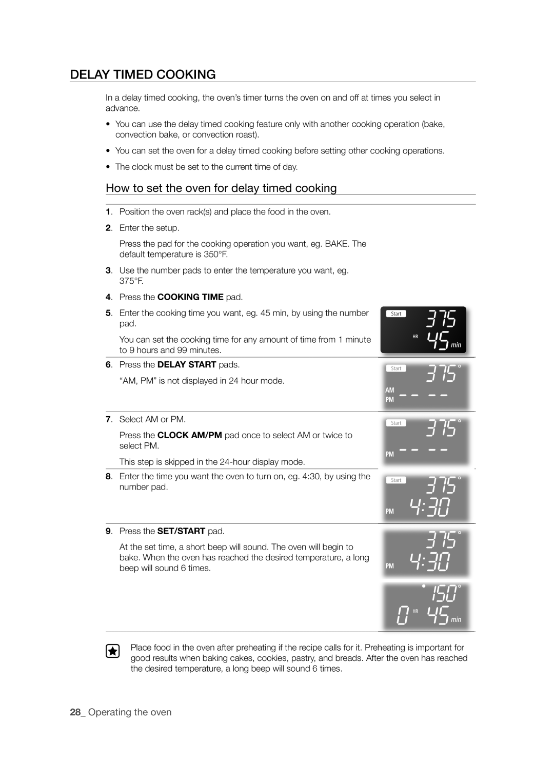 Samsung FTQ353 user manual Delay Timed Cooking, How to set the oven for delay timed cooking 