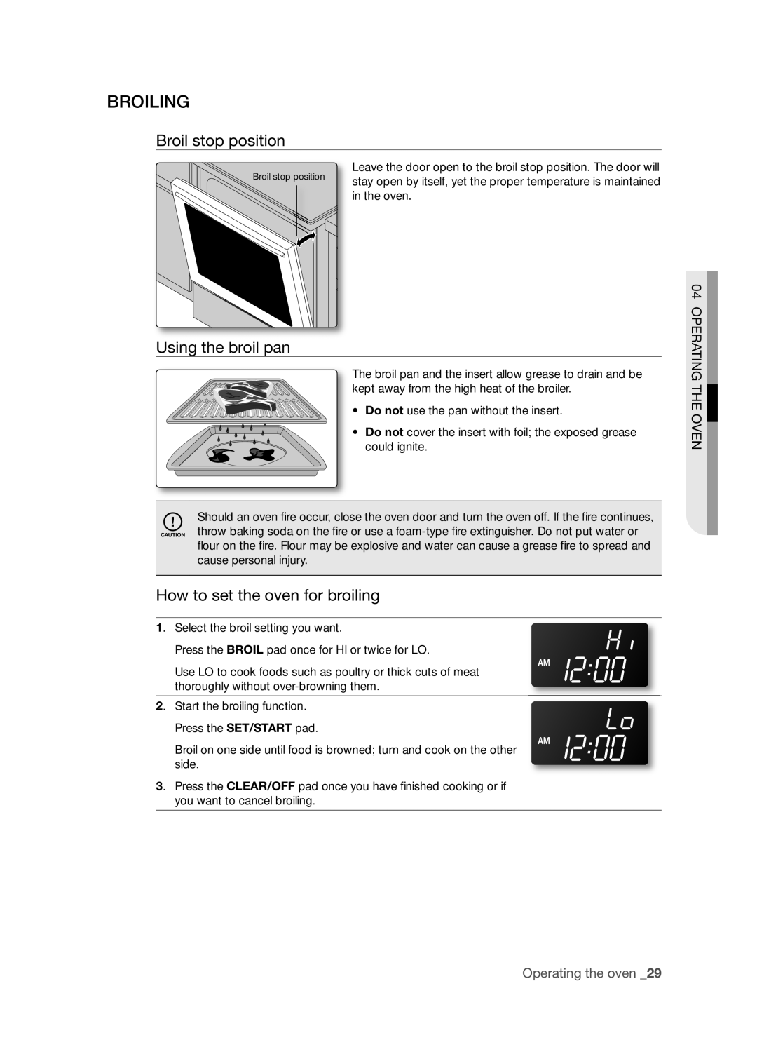 Samsung FTQ353 user manual Broiling, Broil stop position, Using the broil pan, How to set the oven for broiling 