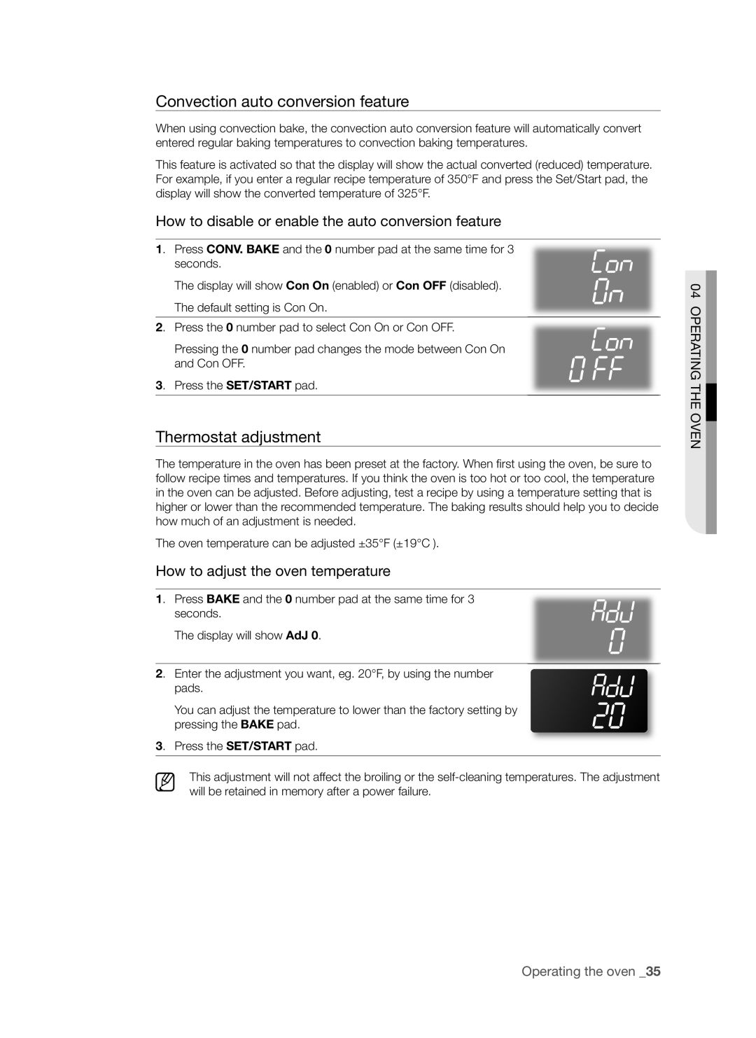 Samsung FTQ353 user manual Convection auto conversion feature, Thermostat adjustment 