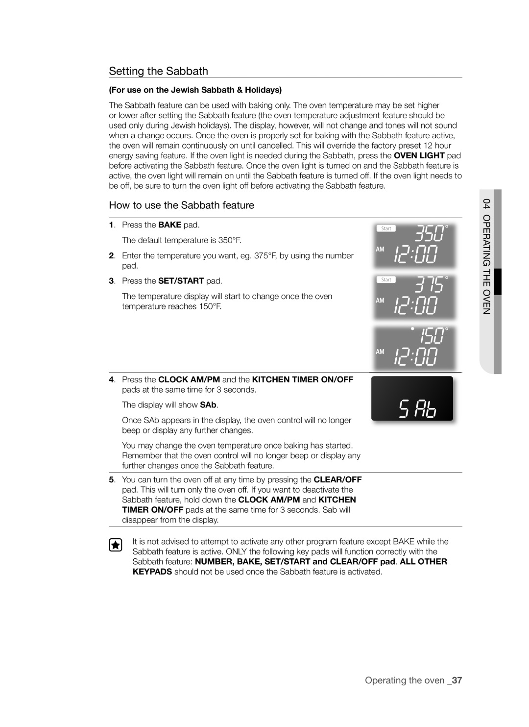 Samsung FTQ353 user manual Setting the Sabbath, For use on the Jewish Sabbath & Holidays 