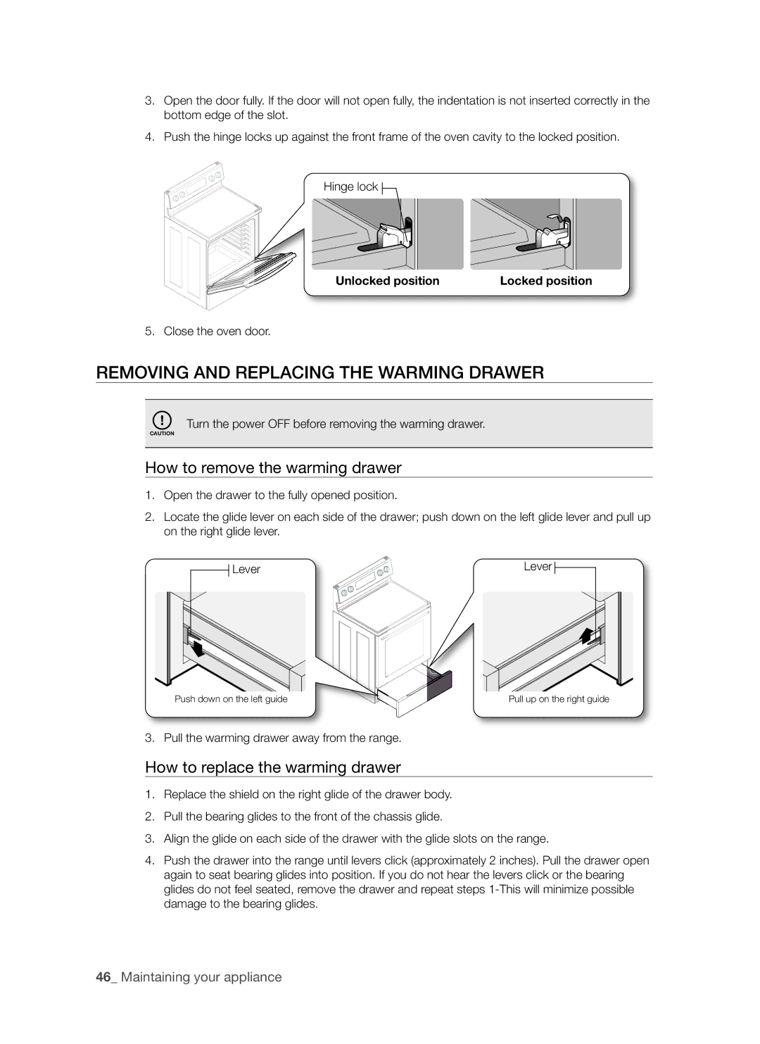 Samsung FTQ353 user manual Removing and Replacing the Warming Drawer, How to remove the warming drawer 