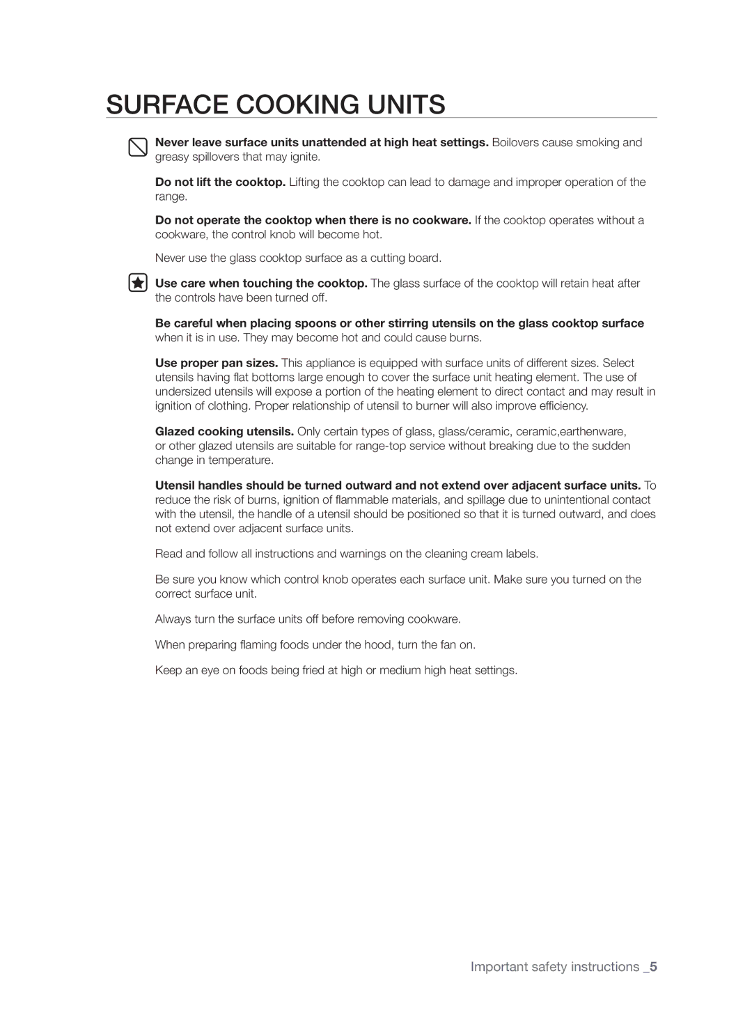 Samsung FTQ353 user manual Surface Cooking Units 