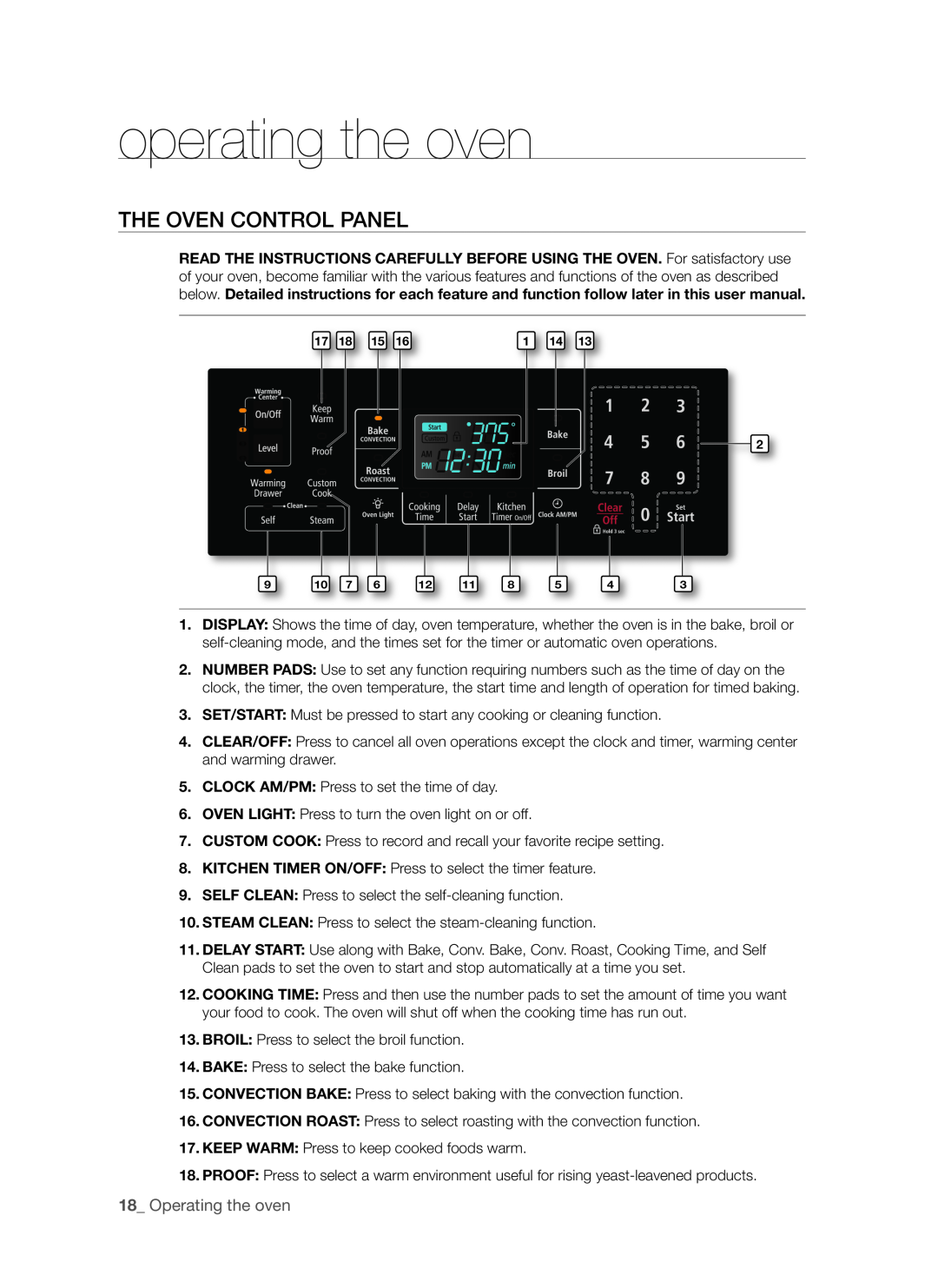 Samsung FTQ353 user manual operating the oven, The Oven Control Panel, 1 Operating the oven 