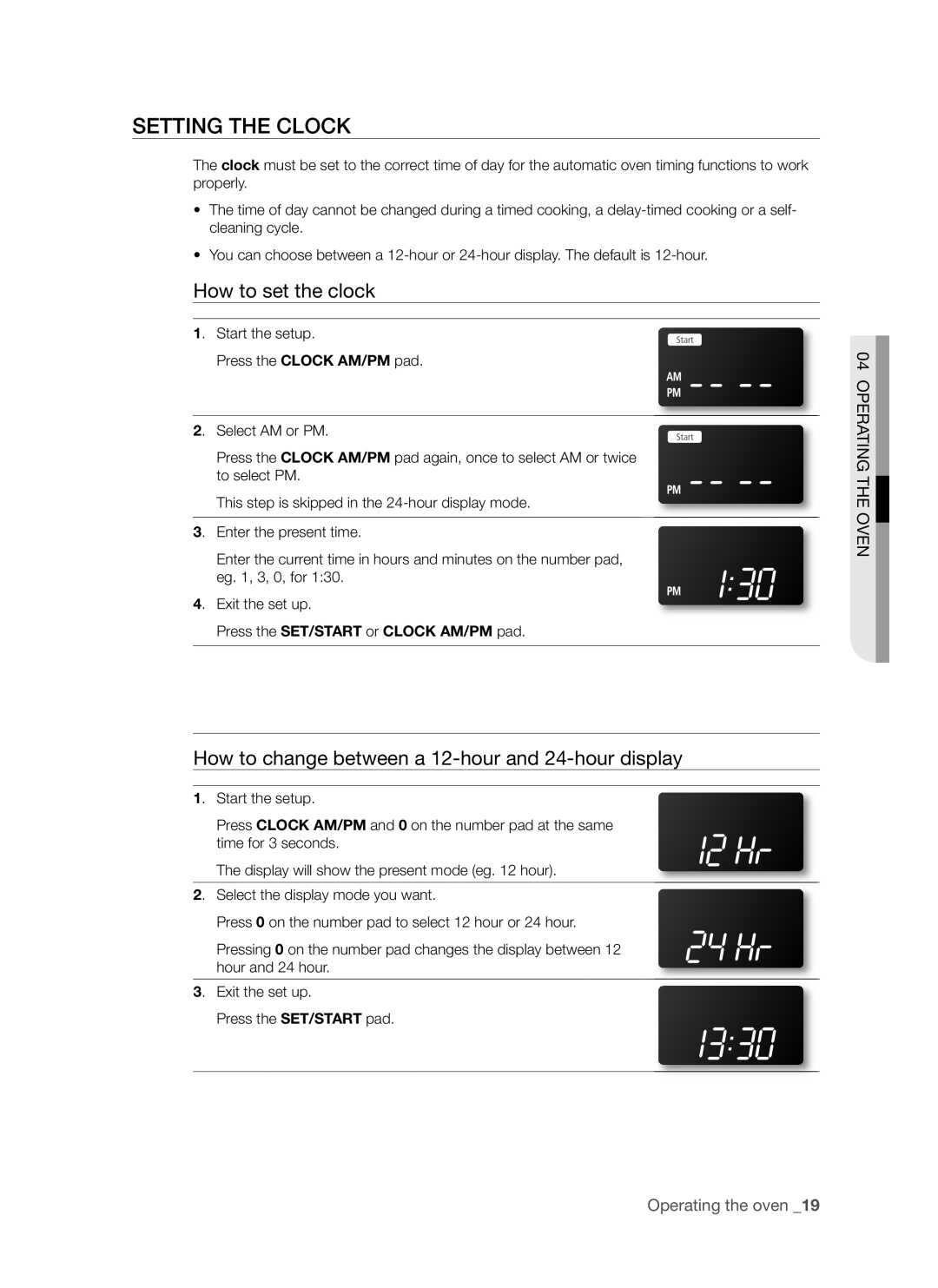 Samsung FTQ353 user manual Setting The Clock, How to set the clock, How to change between a 12-hour and 24-hour display 