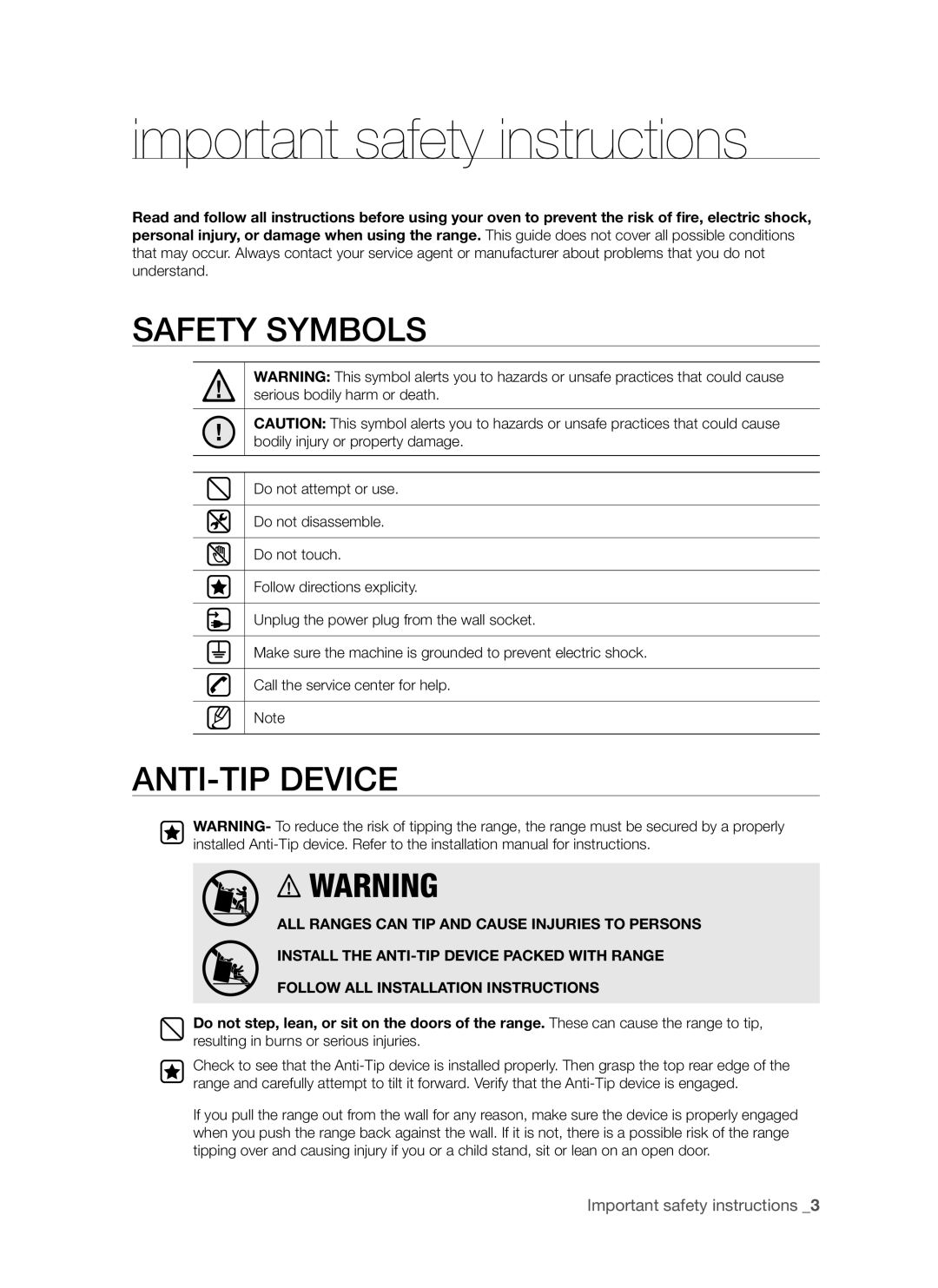Samsung FTQ353 user manual important safety instructions, Safety Symbols, Anti-Tip Device, Important safety instructions  