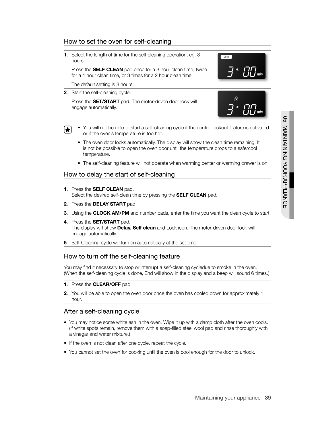 Samsung FTQ353 How to set the oven for self-cleaning, How to delay the start of self-cleaning, After a self-cleaning cycle 