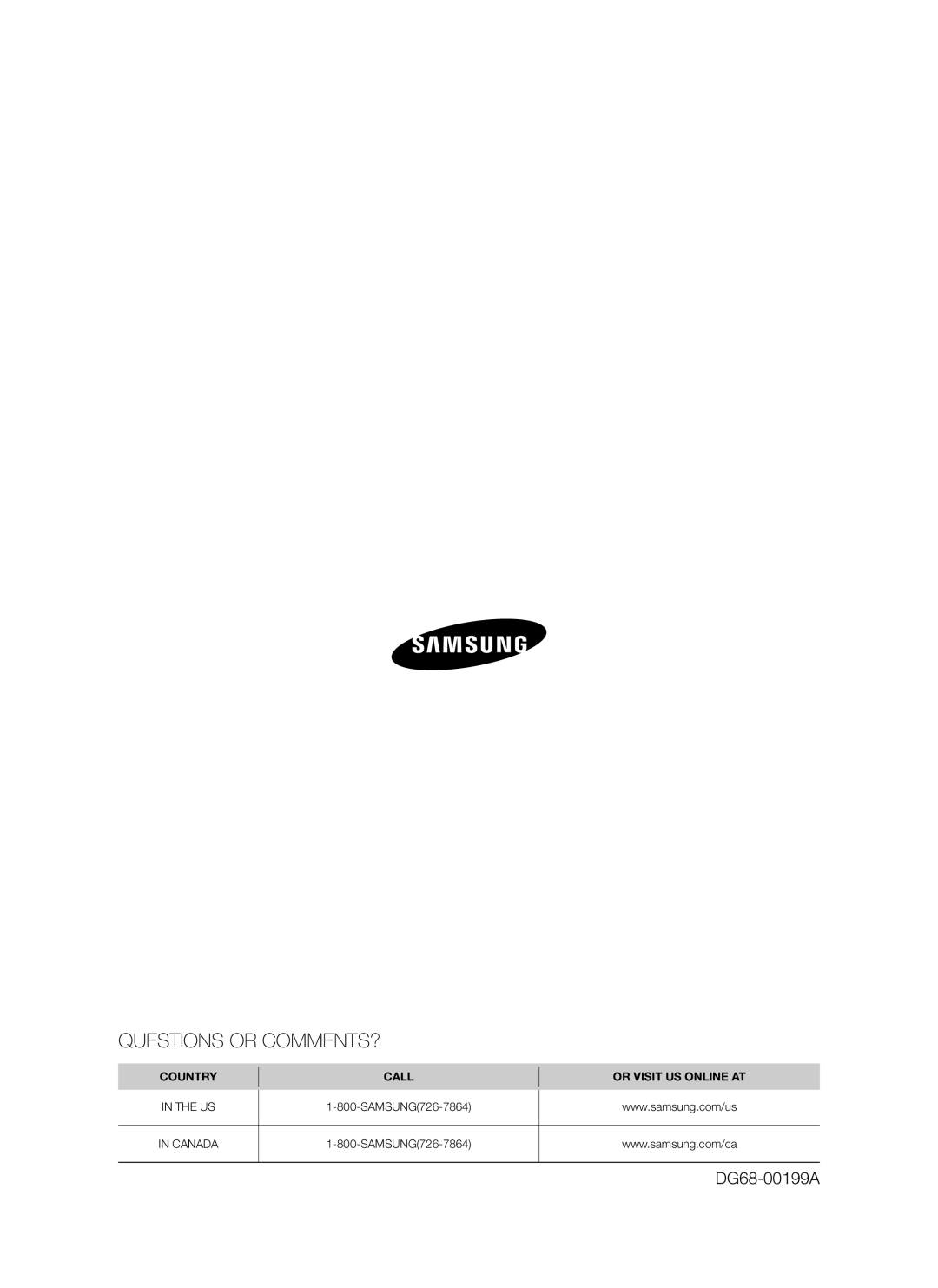 Samsung FTQ353 Questions Or Comments?, DG68-00199A, Country, Call, Or Visit Us Online At, In The Us, SAMSUNG726-7864 