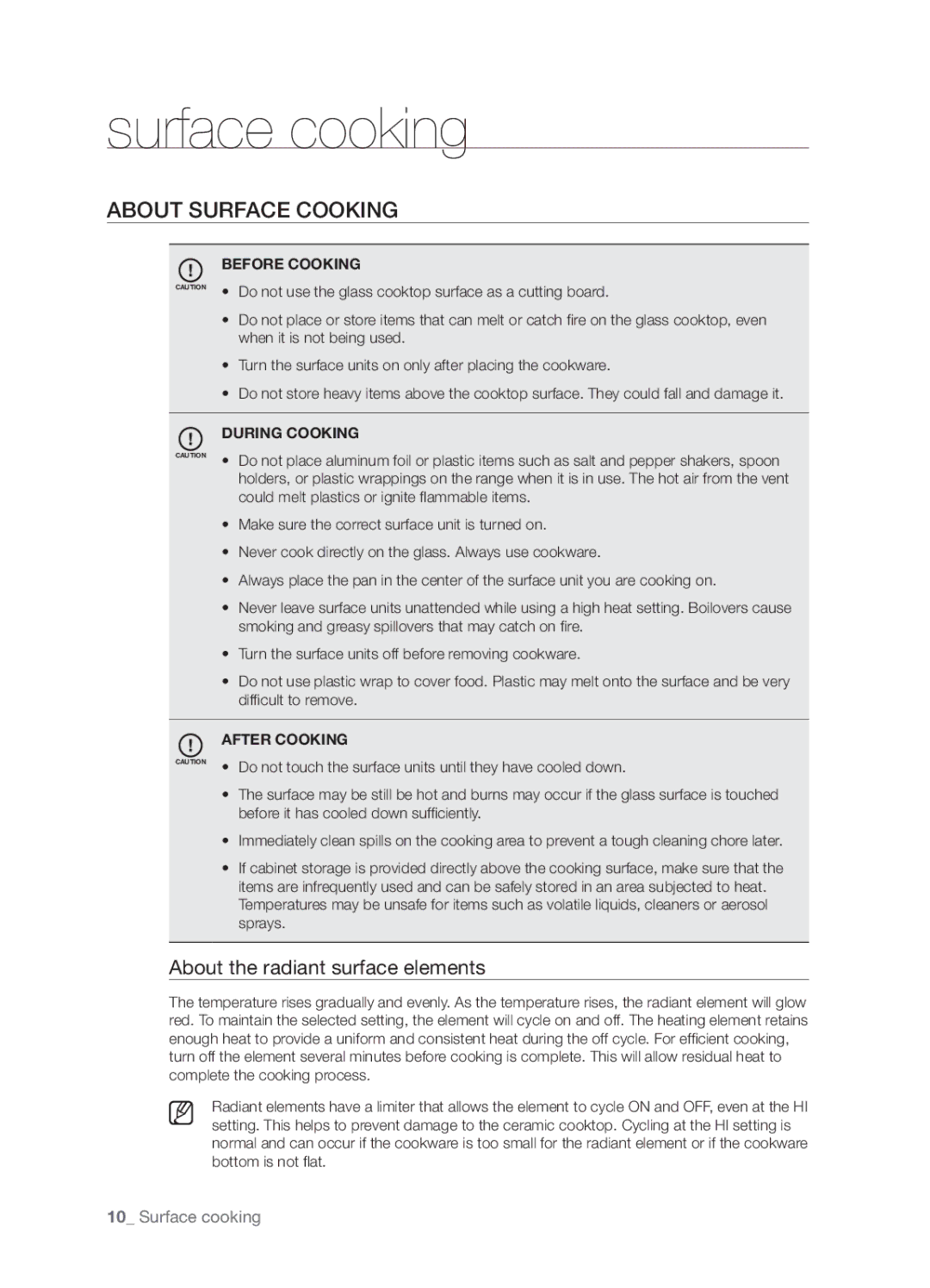 Samsung FTQ386LWUX Surface cooking, About the radiant surface elements, Before Cooking, During Cooking, After Cooking 