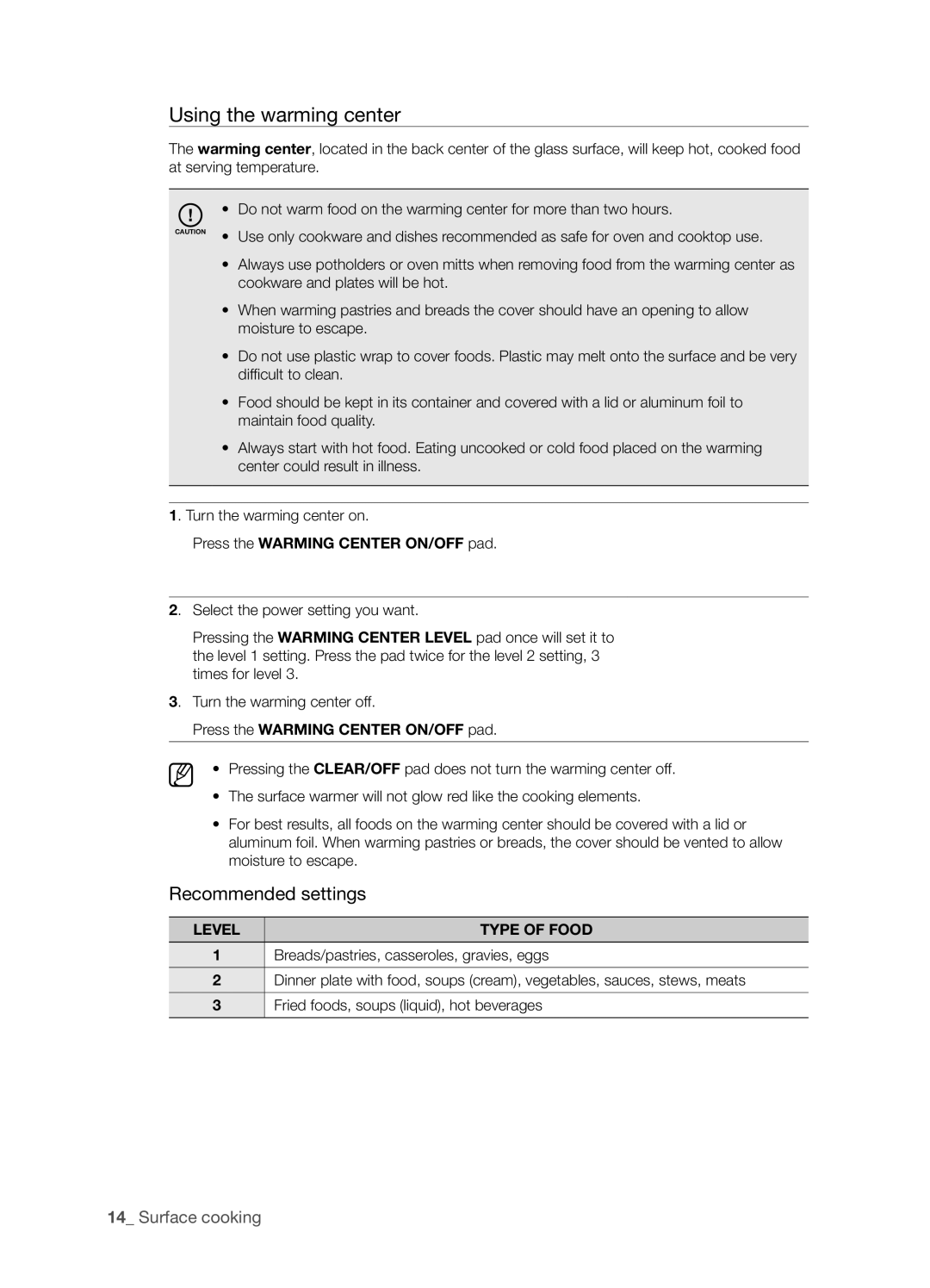 Samsung FTQ386LWUX user manual Using the warming center, Press the Warming Center ON/OFF pad, Level, TyPE of Food 