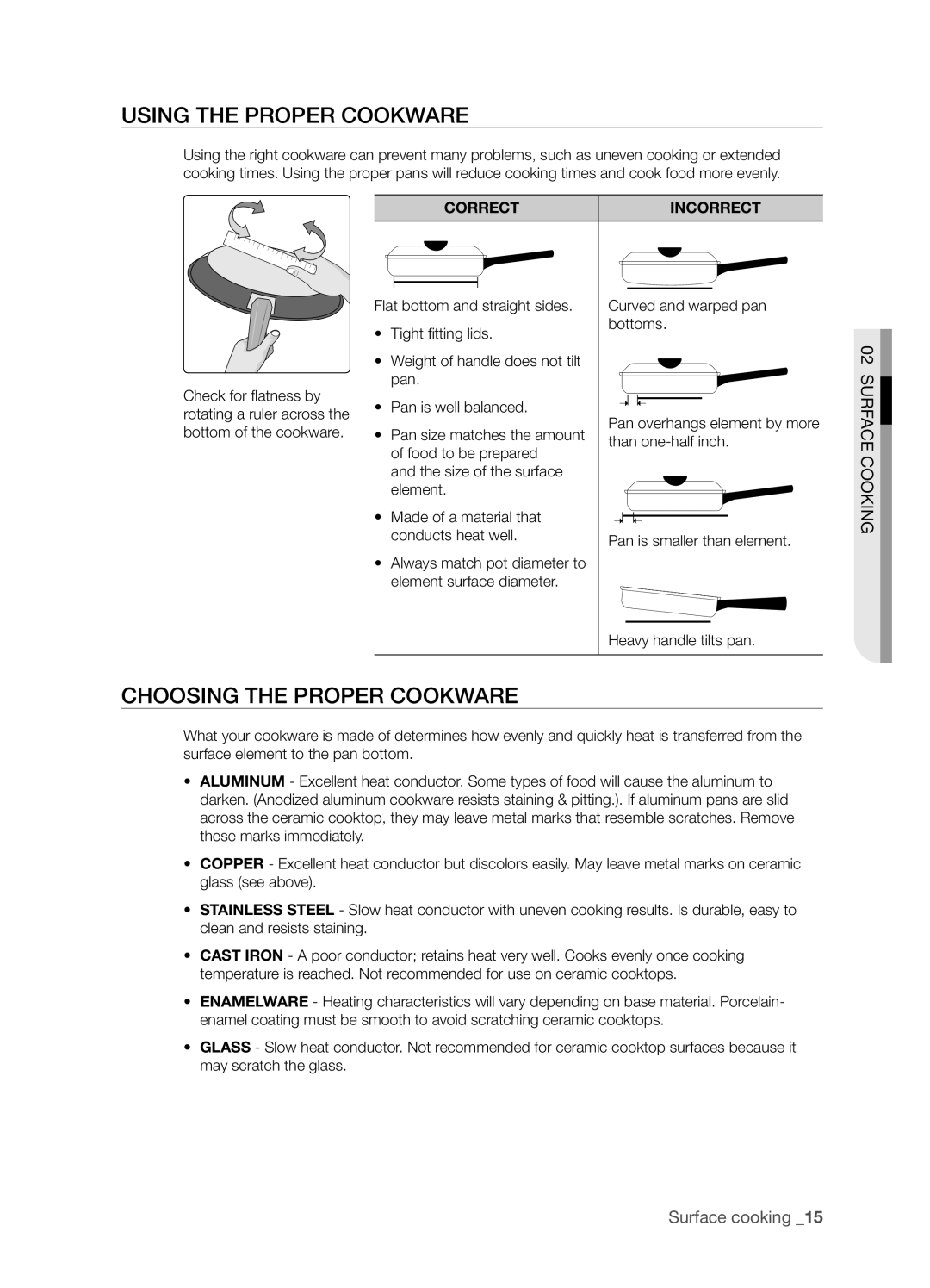 Samsung FTQ386LWUX user manual Using the Proper Cookware, Choosing the Proper Cookware, Correct Incorrect 