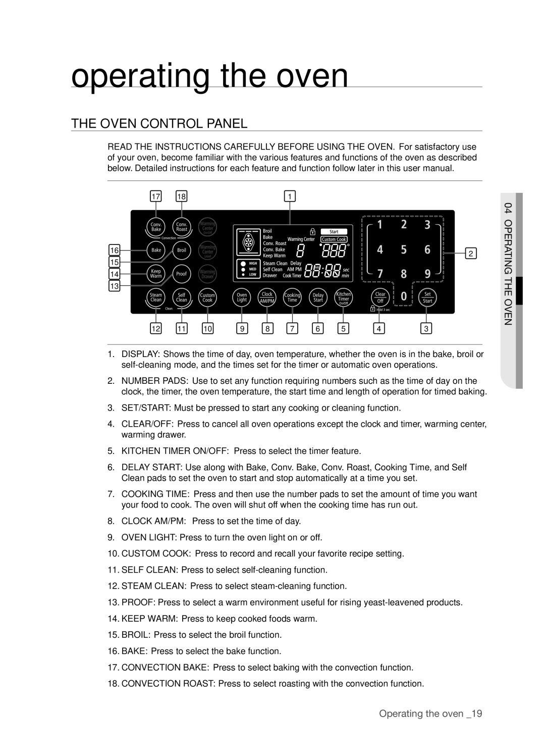 Samsung FTQ386LWUX user manual Operating the oven, Oven Control Panel 