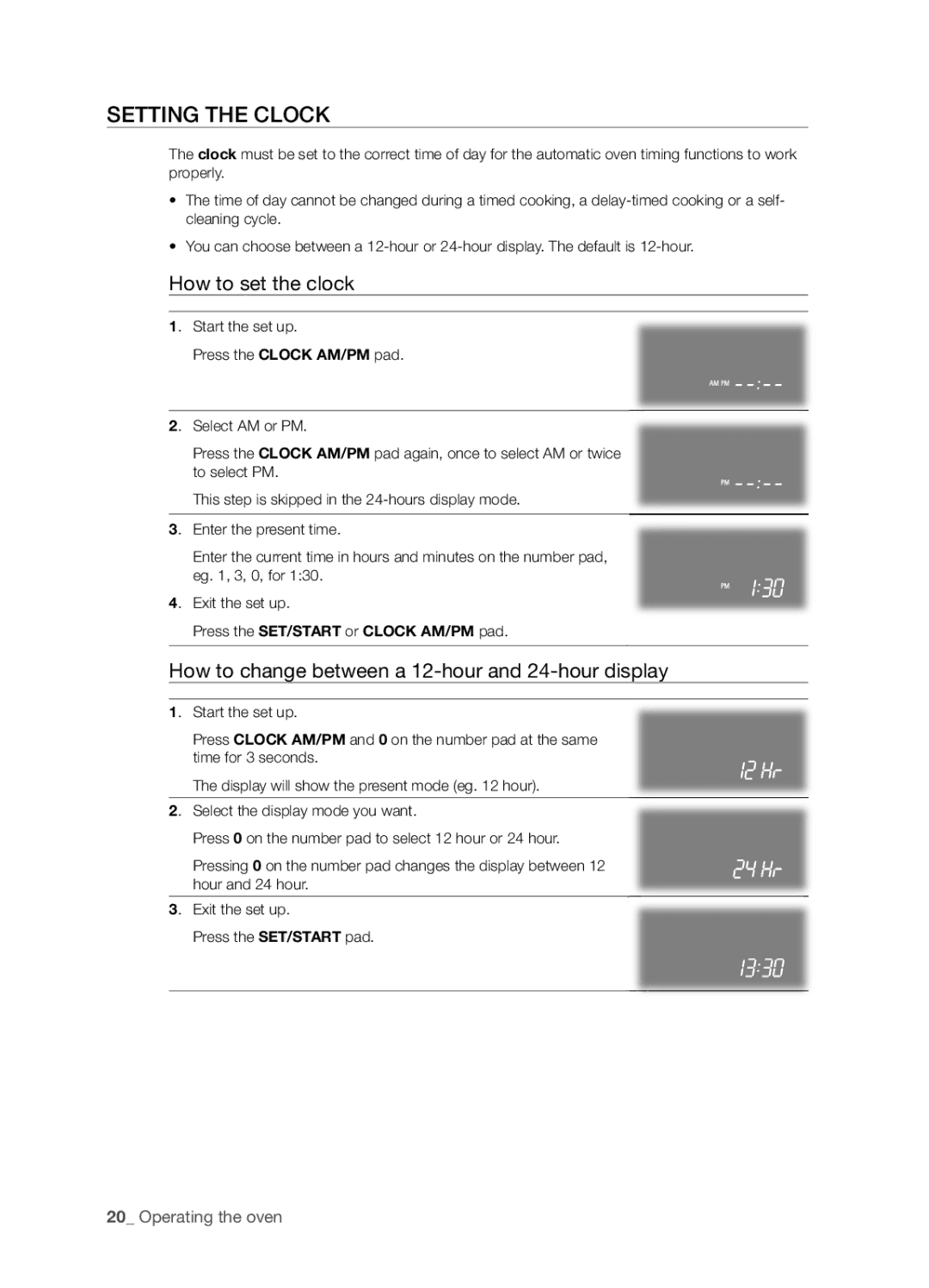 Samsung FTQ386LWUX user manual Setting the Clock, How to set the clock, How to change between a 12-hour and 24-hour display 