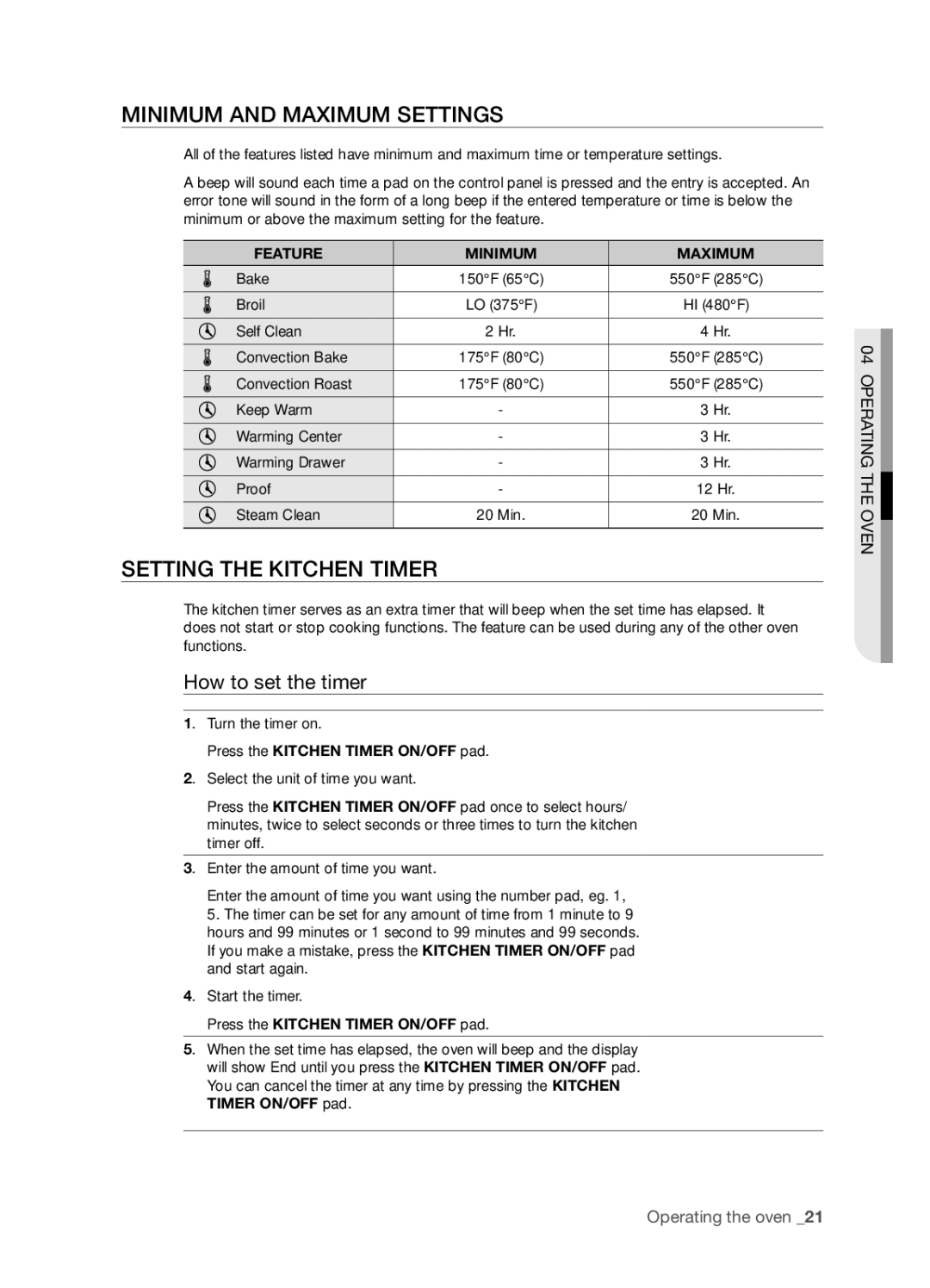 Samsung FTQ386LWUX Minimum and Maximum Settings, Setting the Kitchen Timer, How to set the timer, Feature Minimum Maximum 