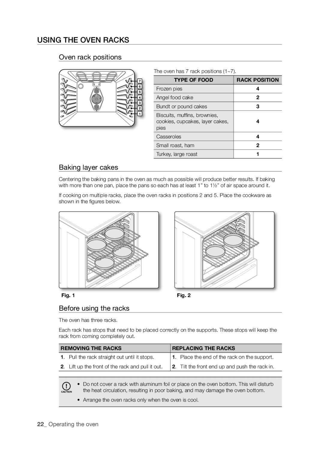 Samsung FTQ386LWUX user manual Using the Oven Racks, Oven rack positions, Baking layer cakes, Before using the racks 