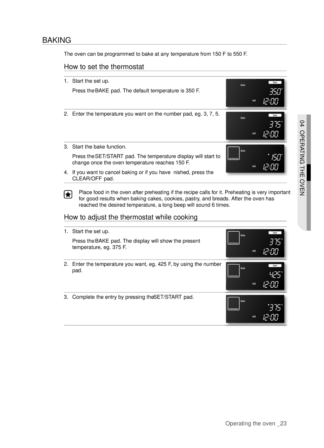 Samsung FTQ386LWUX user manual Baking, How to set the thermostat, How to adjust the thermostat while cooking 