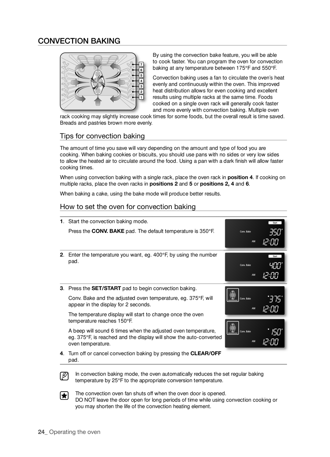 Samsung FTQ386LWUX user manual Convection Baking, Tips for convection baking, How to set the oven for convection baking 