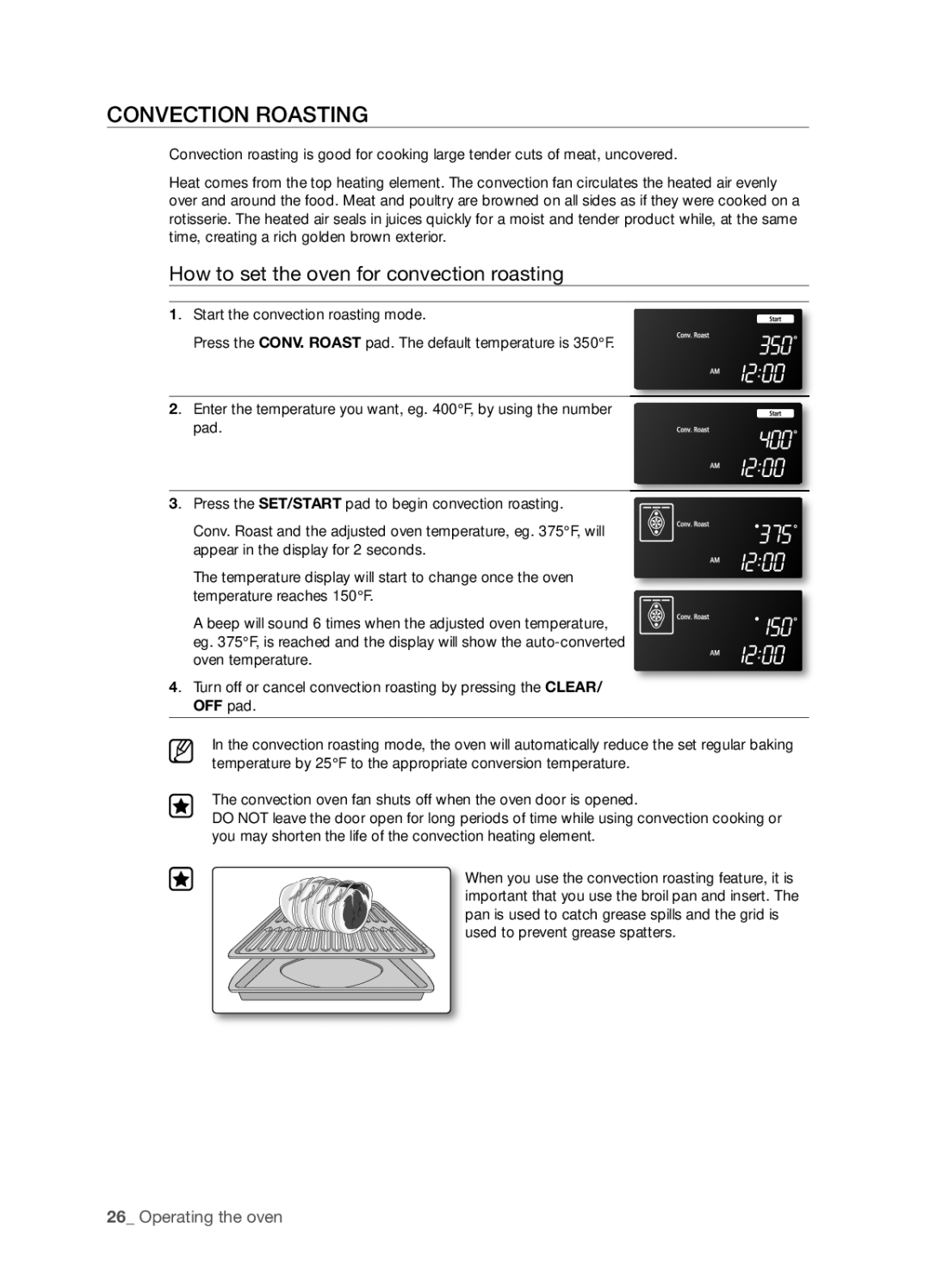 Samsung FTQ386LWUX user manual Convection Roasting, How to set the oven for convection roasting 