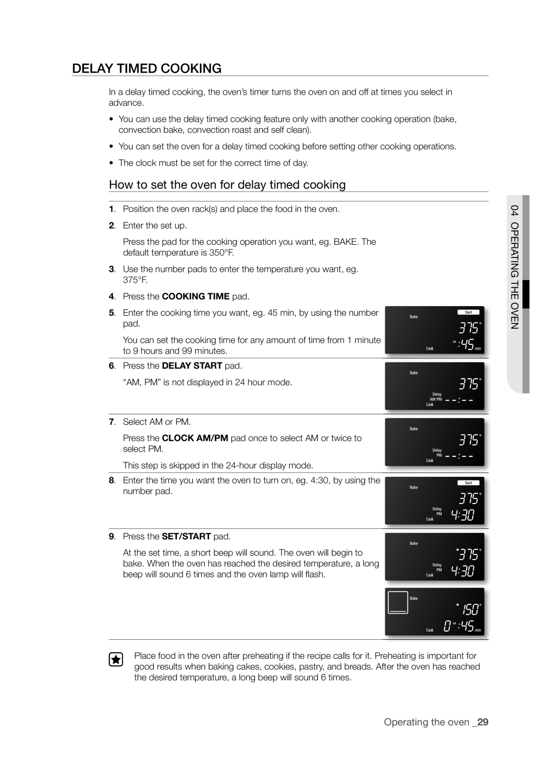 Samsung FTQ386LWUX user manual Delay Timed Cooking, How to set the oven for delay timed cooking 