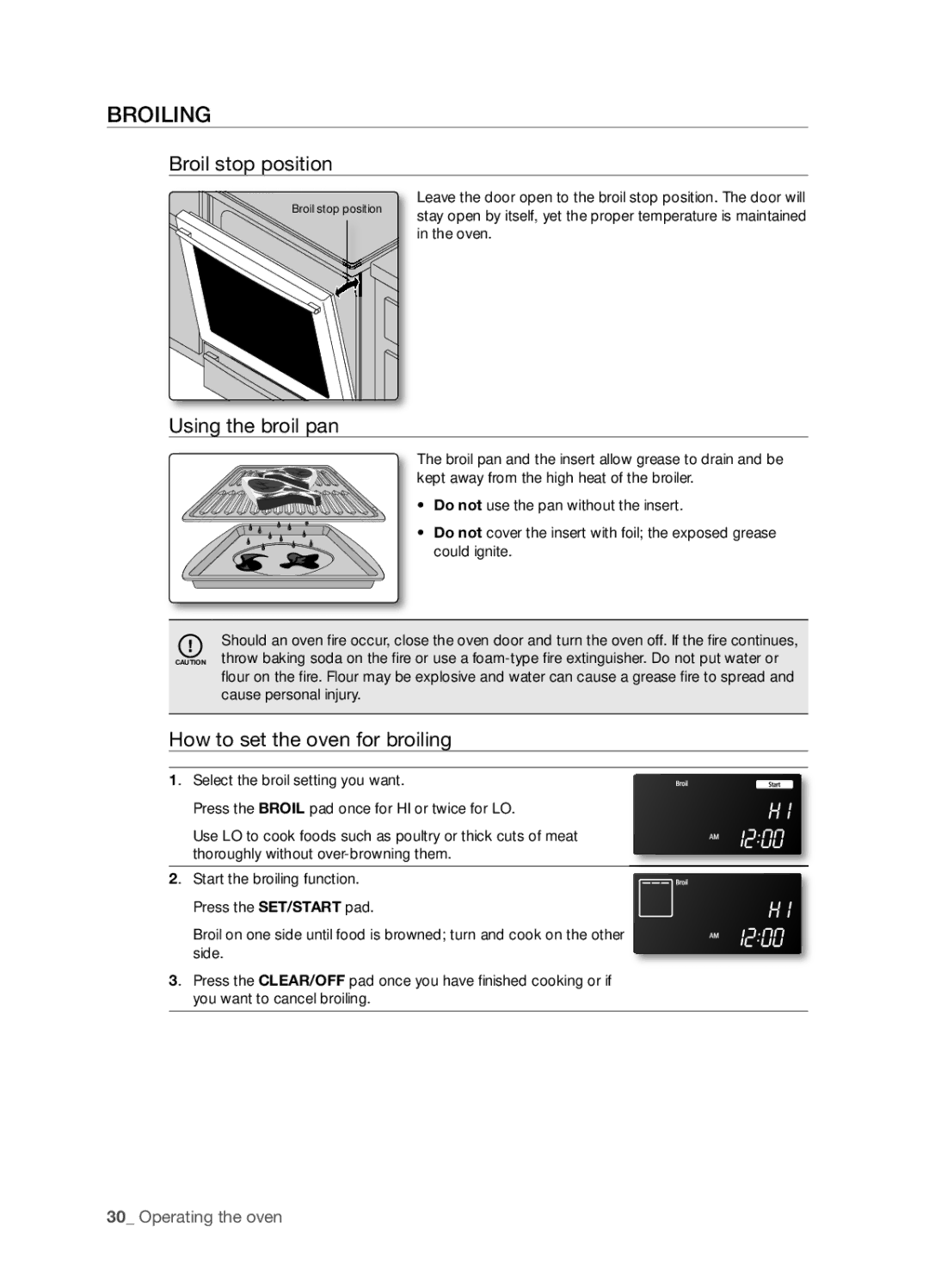 Samsung FTQ386LWUX user manual Broiling, Broil stop position, Using the broil pan, How to set the oven for broiling 