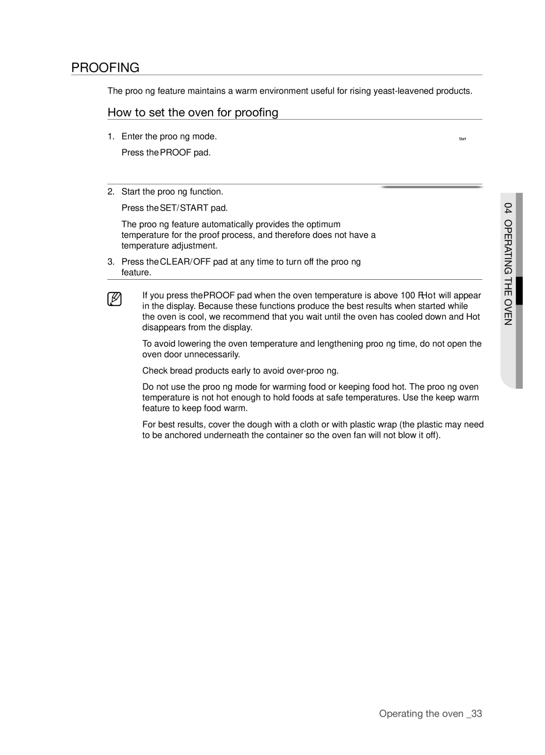 Samsung FTQ386LWUX user manual Proofing, How to set the oven for proofi ng 