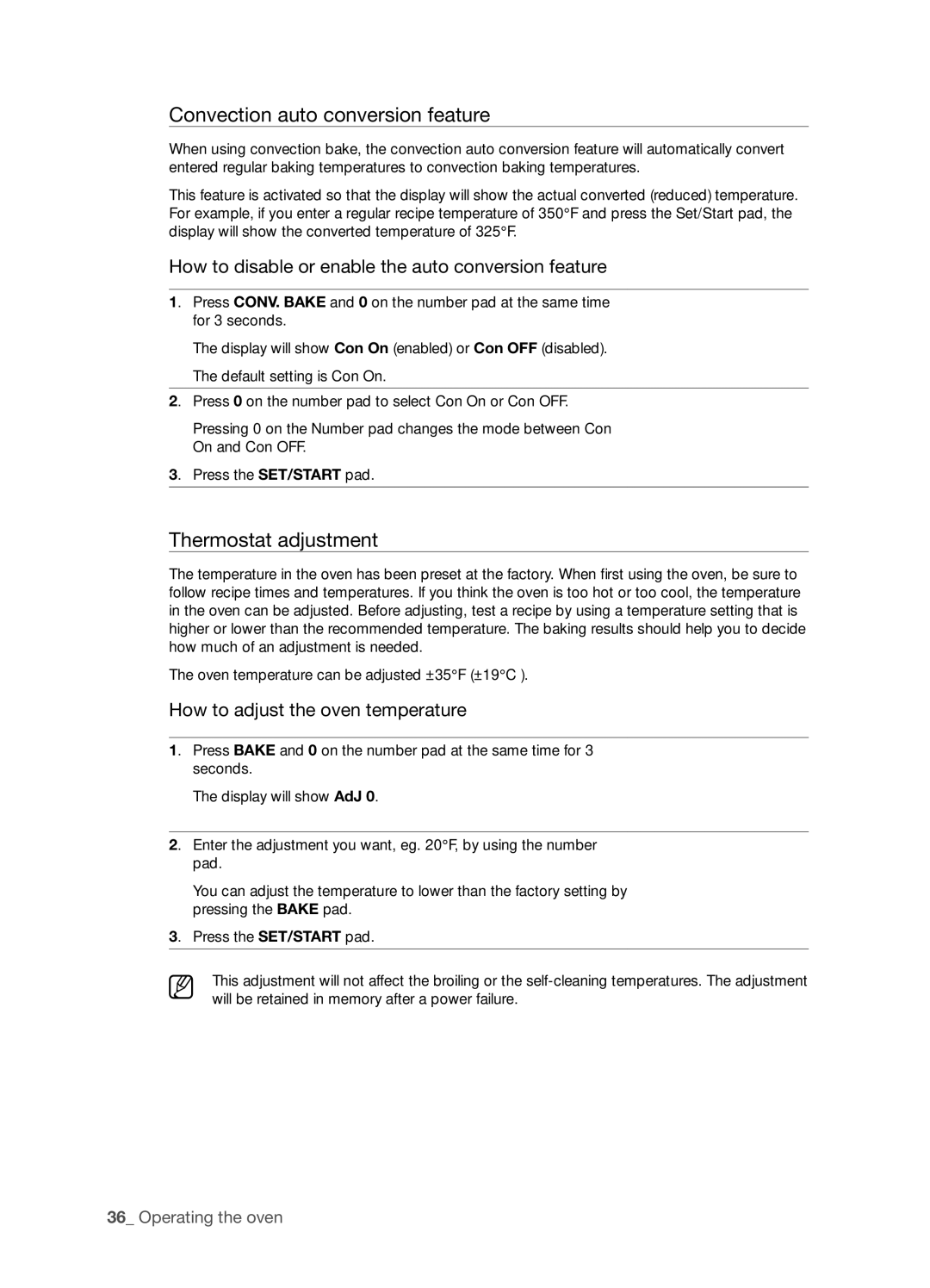 Samsung FTQ386LWUX user manual Convection auto conversion feature, Thermostat adjustment 