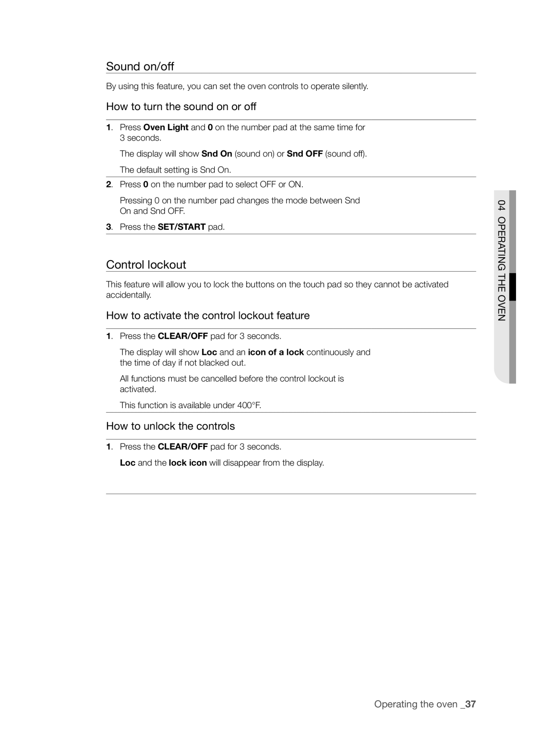 Samsung FTQ386LWUX user manual Sound on/off, Control lockout 