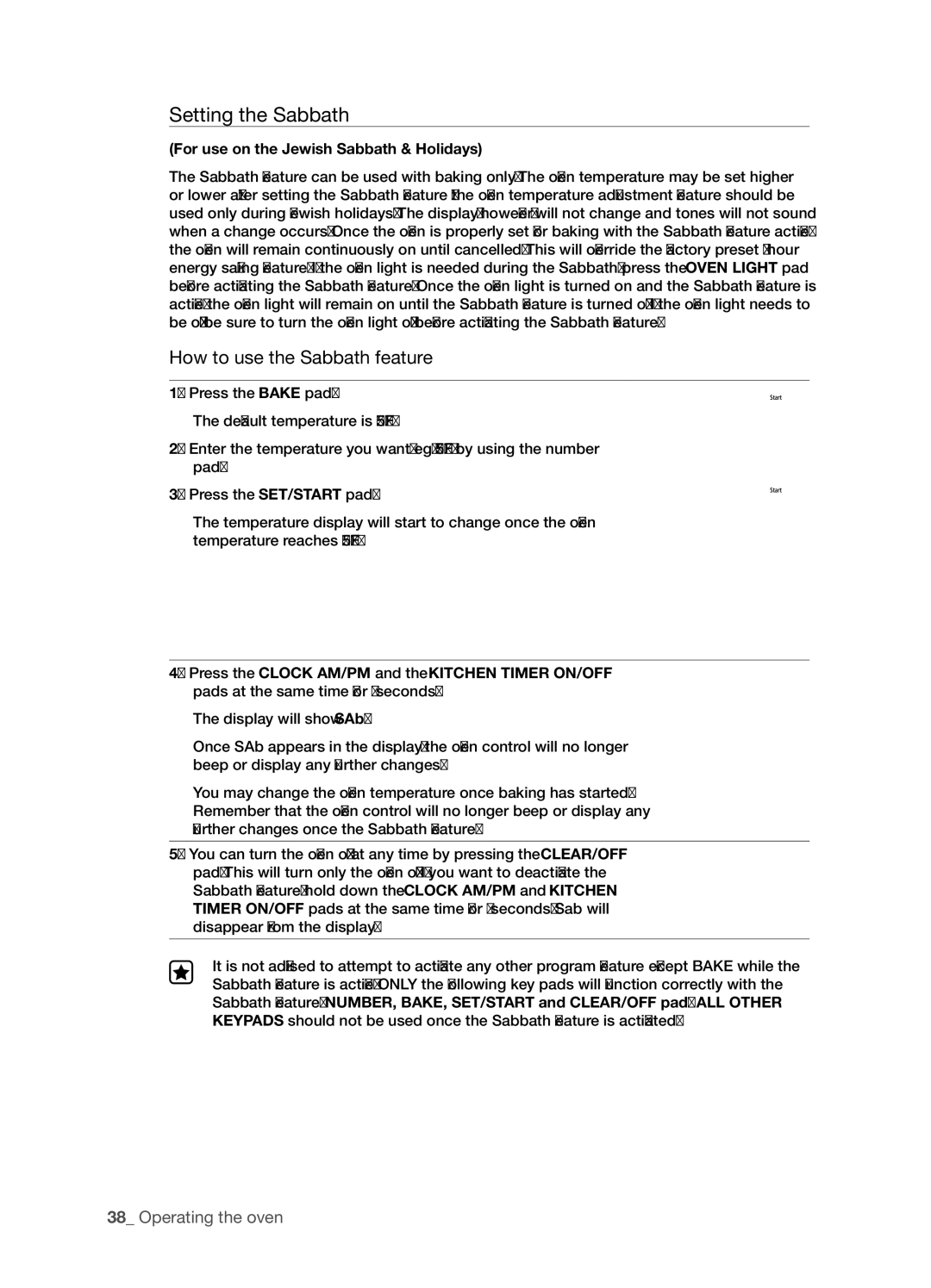 Samsung FTQ386LWUX user manual Setting the Sabbath, For use on the Jewish Sabbath & Holidays 