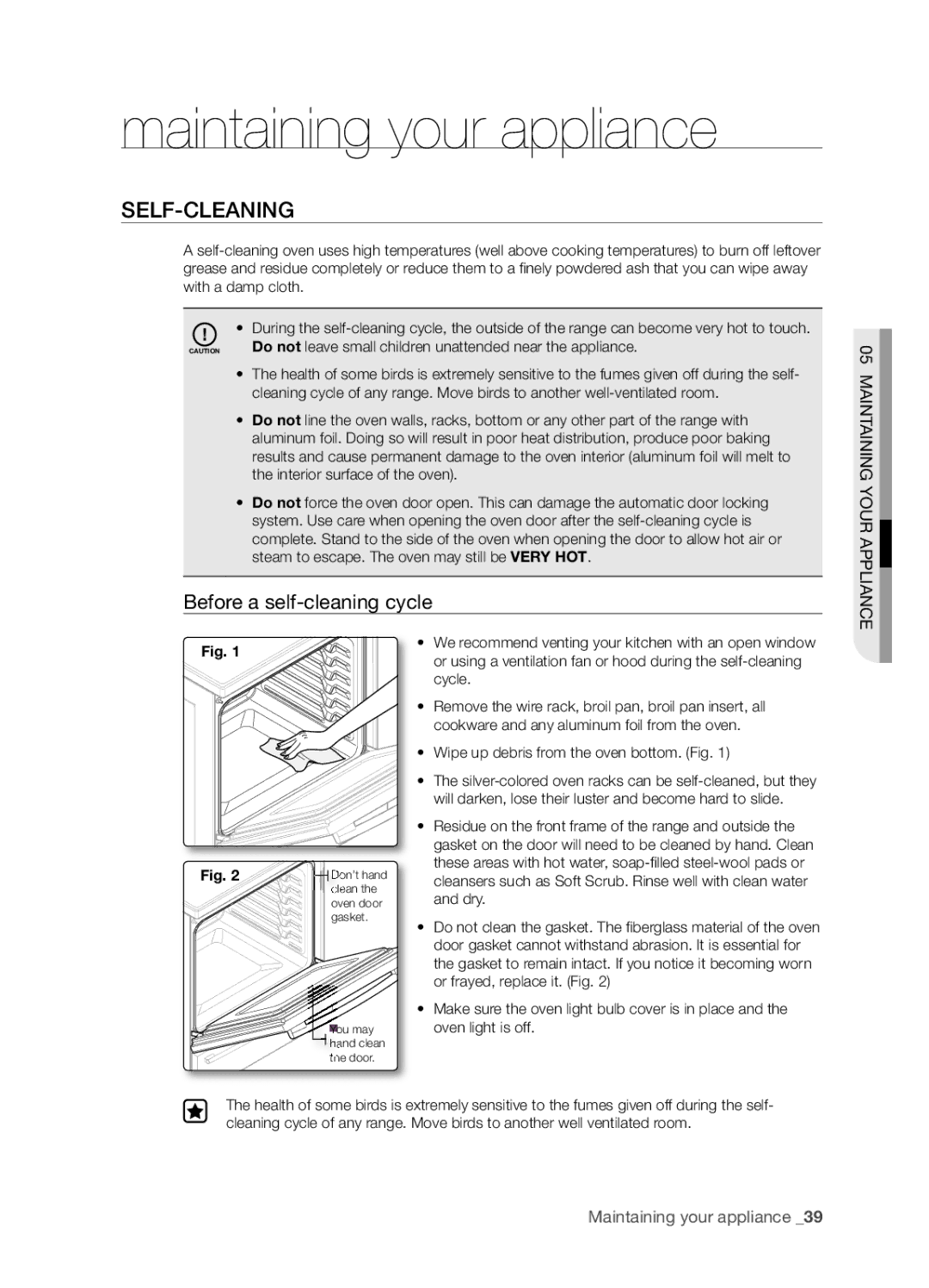 Samsung FTQ386LWUX user manual Maintaining your appliance, Self-Cleaning, Before a self-cleaning cycle 