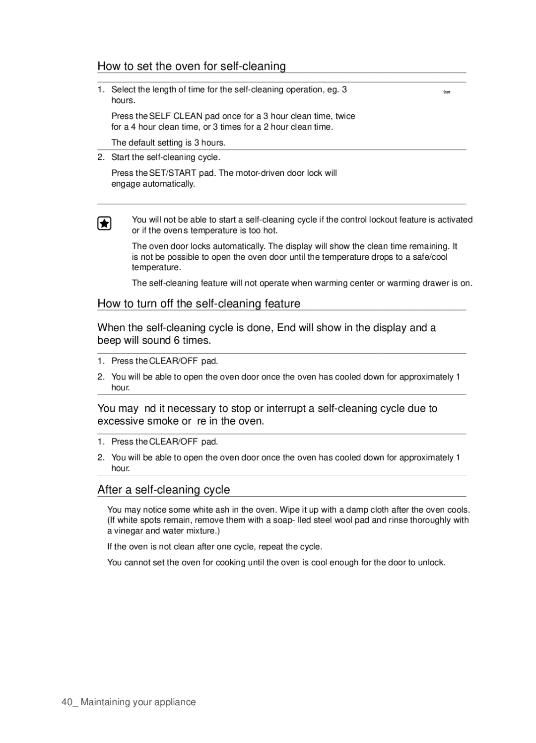 Samsung FTQ386LWUX user manual How to set the oven for self-cleaning, How to turn off the self-cleaning feature 