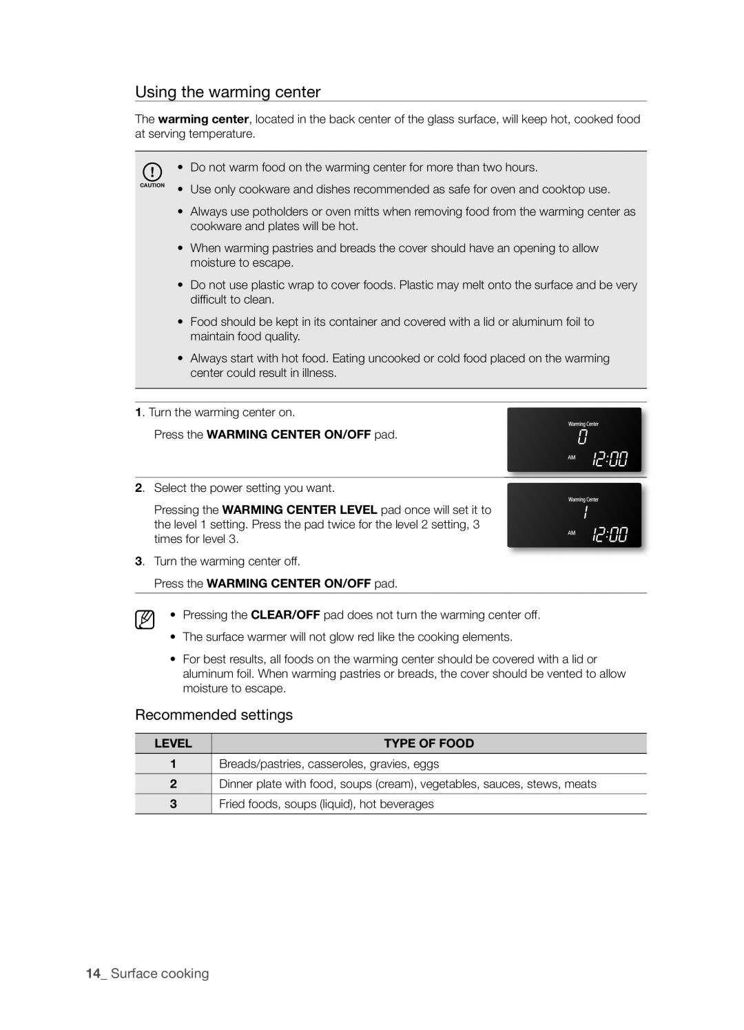 Samsung FTQ386LWUX user manual Using the warming center, Recommended settings, 1 Surface cooking 