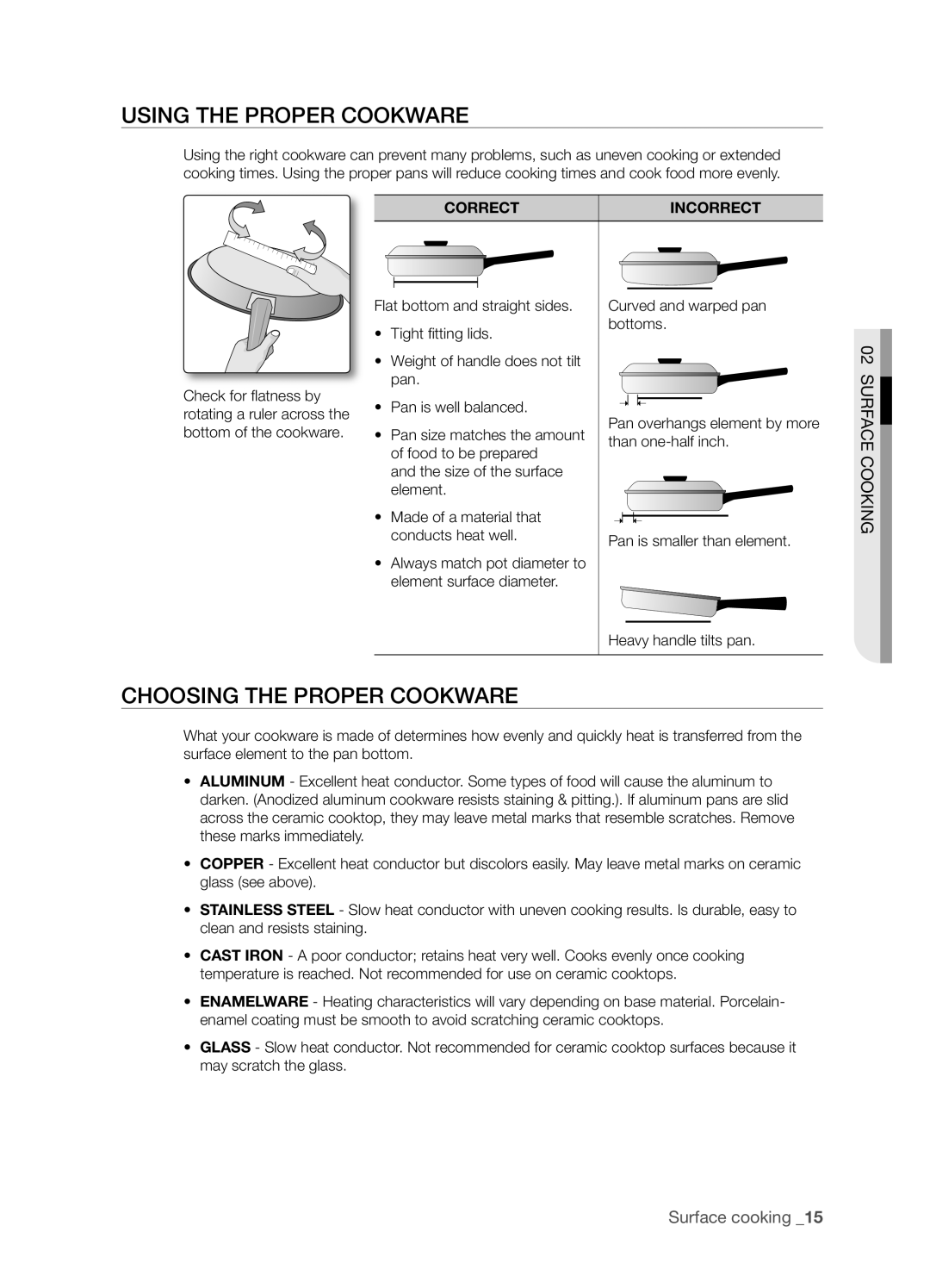 Samsung FTQ386LWUX user manual Using The Proper Cookware, Choosing The Proper Cookware, Surface cooking 1, Surface Cooking 