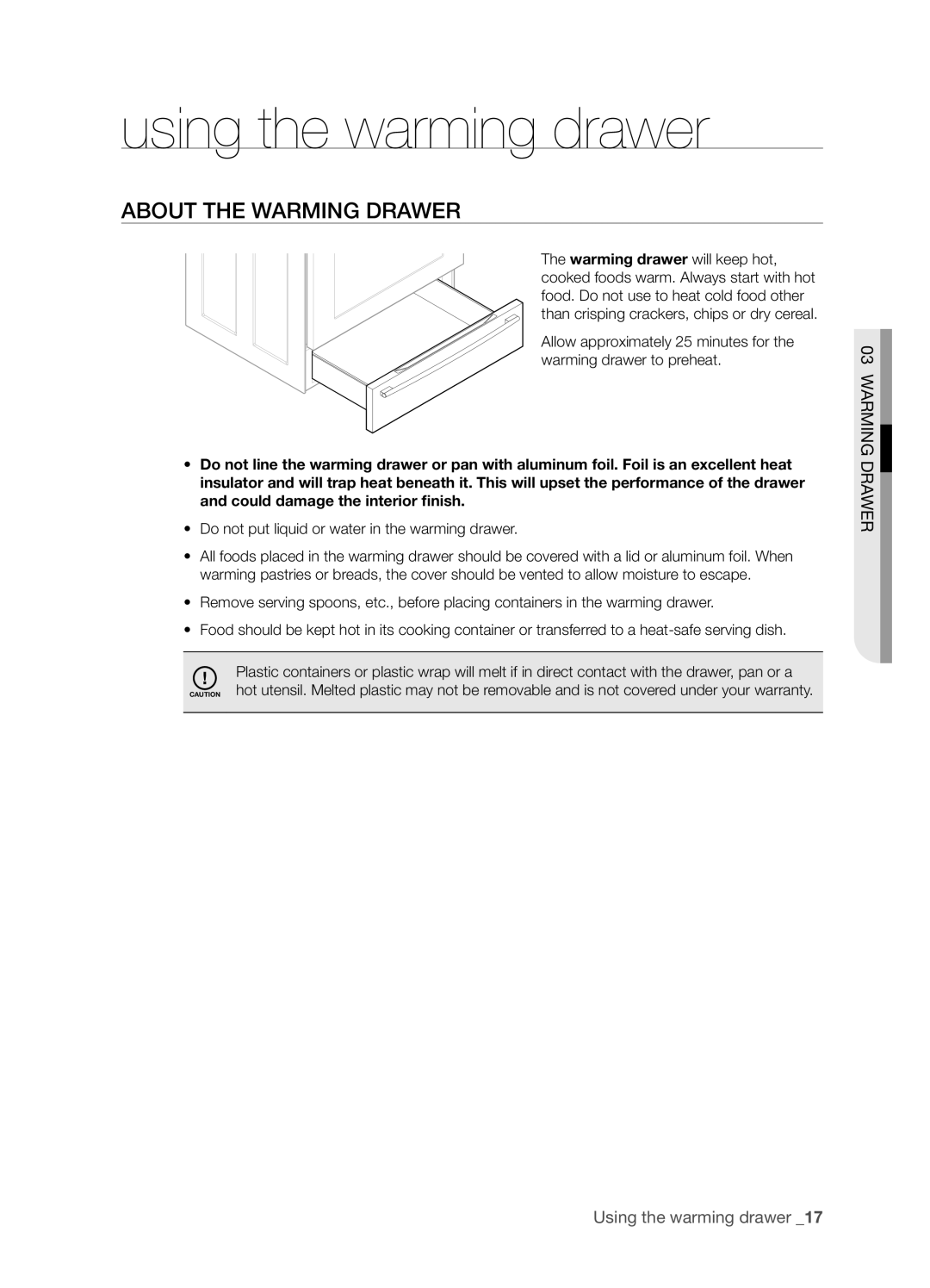 Samsung FTQ386LWUX user manual using the warming drawer, About the warming drawer, Warming Drawer, Using the warming drawer 
