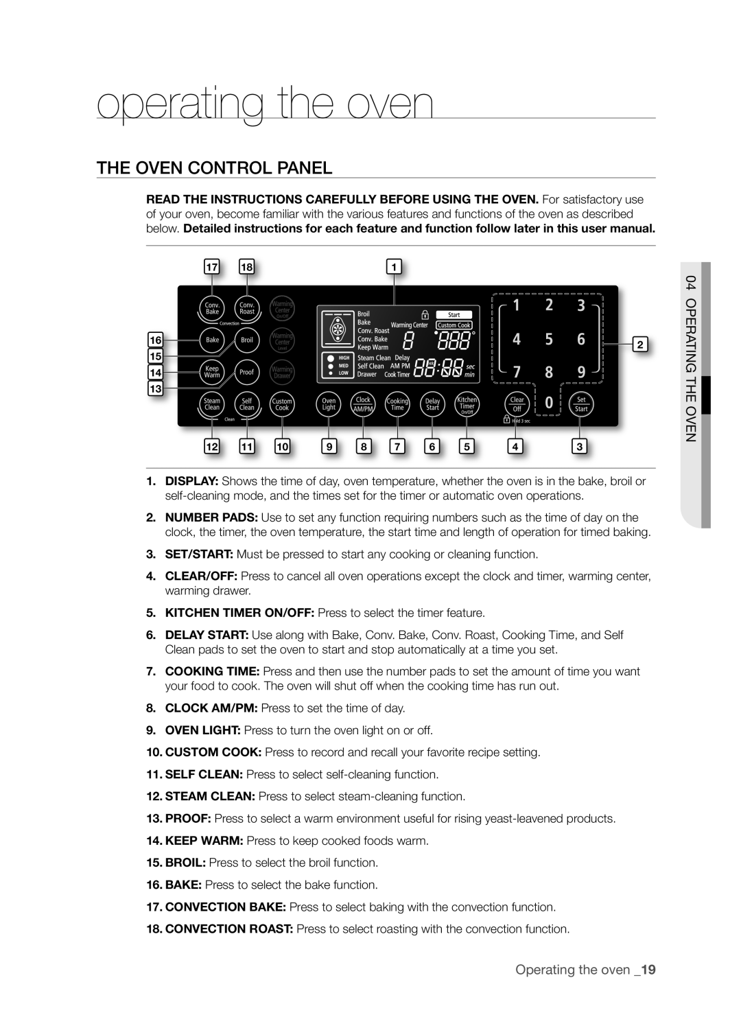 Samsung FTQ386LWUX user manual operating the oven, The Oven Control Panel, Operating The Oven, Operating the oven 