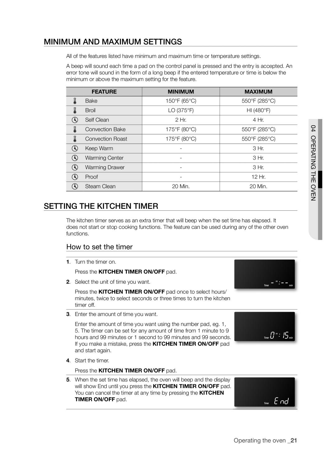 Samsung FTQ386LWUX Minimum And Maximum Settings, Setting The Kitchen Timer, How to set the timer, Operating The Oven 