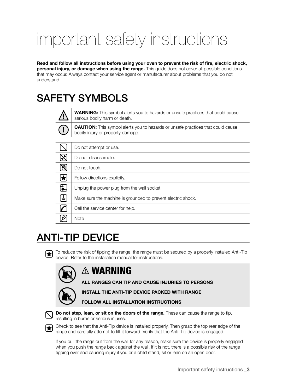Samsung FTQ386LWUX important safety instructions, Safety Symbols, Anti-Tip Device, Important safety instructions  