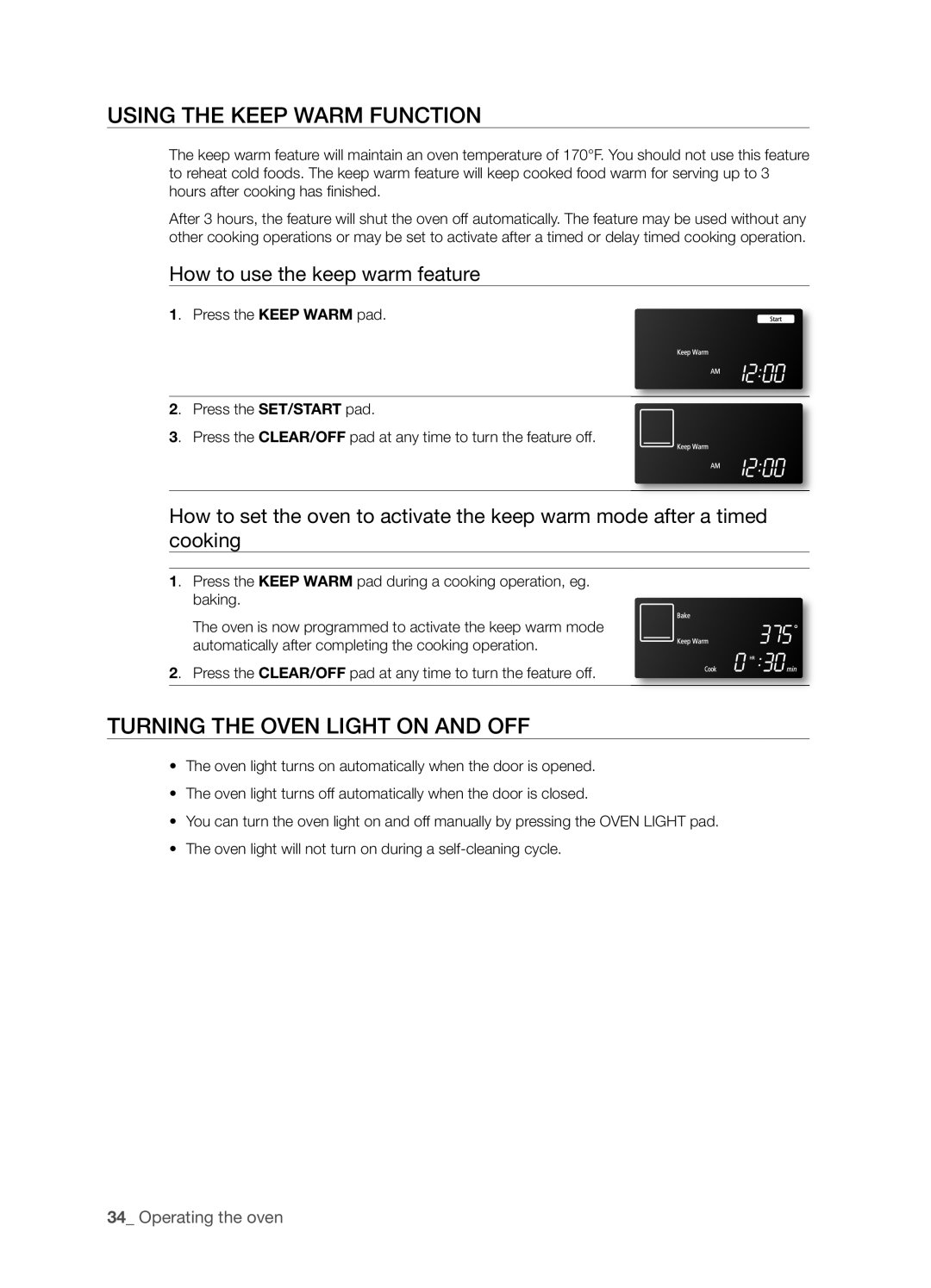 Samsung FTQ386LWUX Using The Keep Warm Function, Turning The Oven Light On And Off, How to use the keep warm feature 