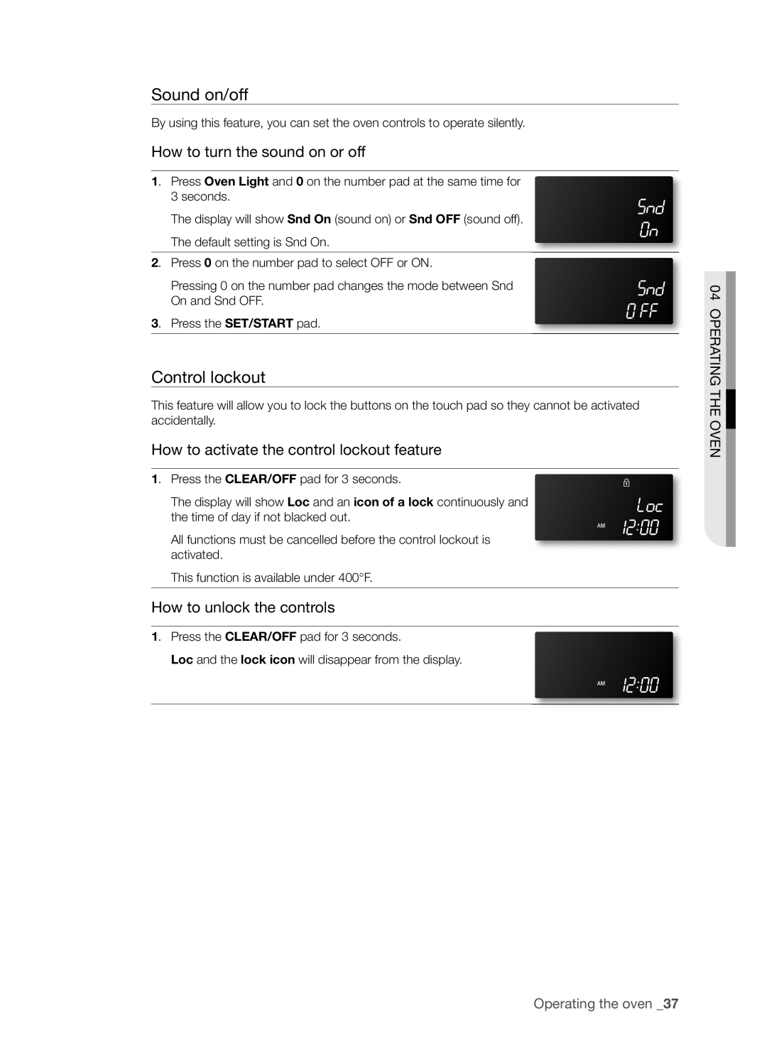 Samsung FTQ386LWUX user manual Sound on/off, Control lockout, How to turn the sound on or off, Operating The Oven 