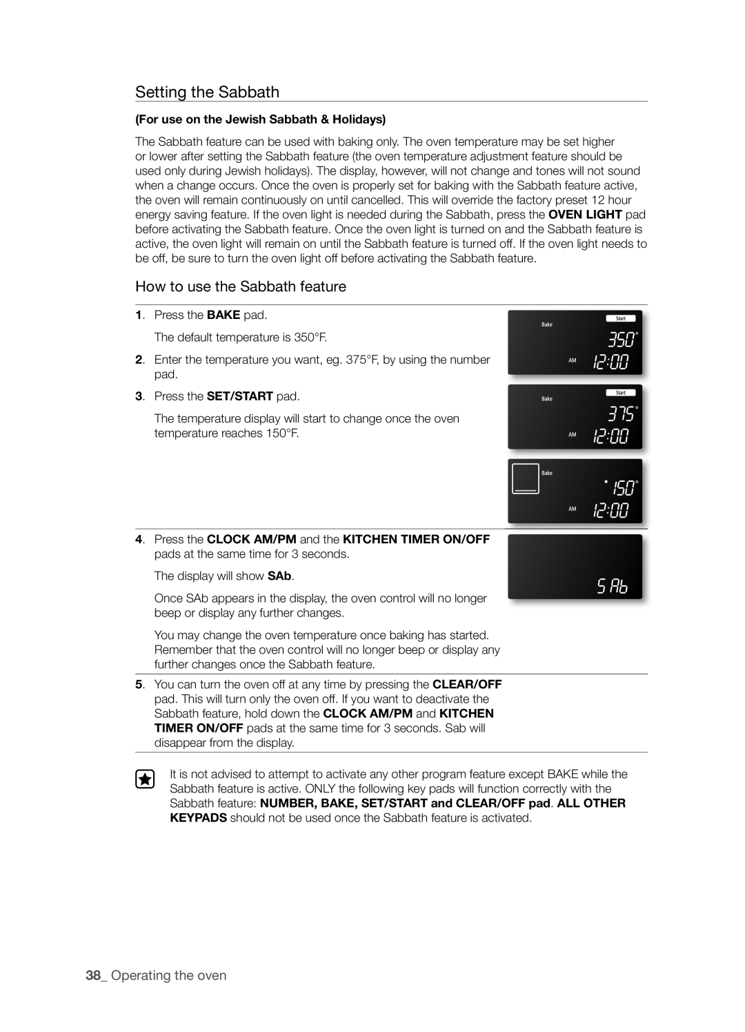 Samsung FTQ386LWUX user manual Setting the Sabbath, How to use the Sabbath feature,  Operating the oven 