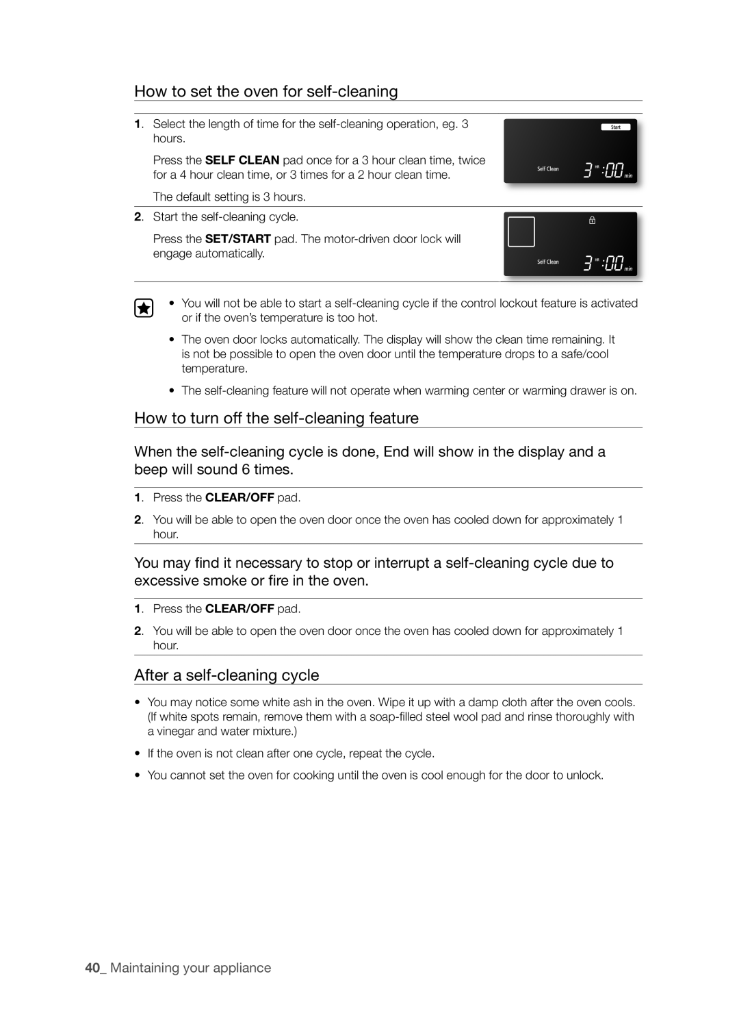 Samsung FTQ386LWUX user manual How to set the oven for self-cleaning, How to turn off the self-cleaning feature 