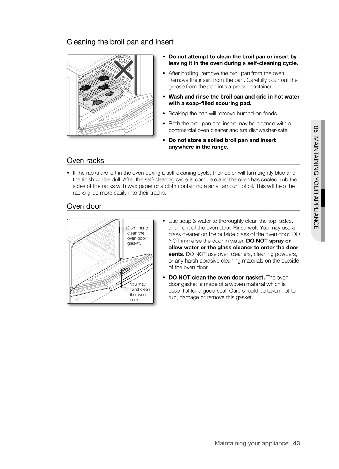 Samsung FTQ386LWUX user manual Cleaning the broil pan and insert, Oven racks, Oven door, Maintaining your appliance  
