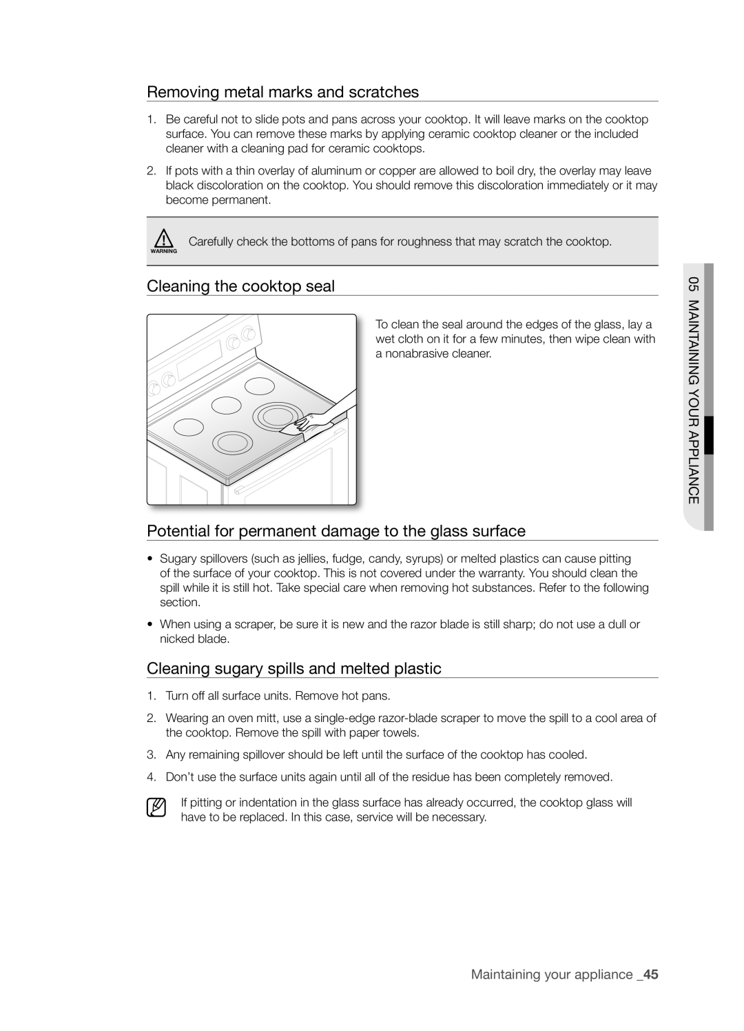 Samsung FTQ386LWUX user manual Removing metal marks and scratches, Cleaning the cooktop seal, Maintaining Your Appliance 
