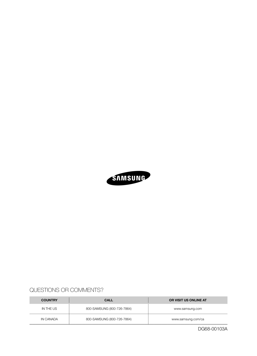 Samsung FTQ386LWUX Questions Or Comments?, DG68-00103A, Country, Call, Or Visit Us Online At, In The Us, Samsung 