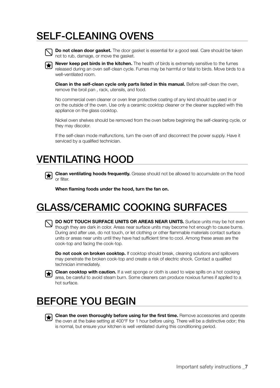 Samsung FTQ386LWUX user manual Self-Cleaning Ovens, Ventilating Hood, Glass/Ceramic Cooking Surfaces, Before you begin 