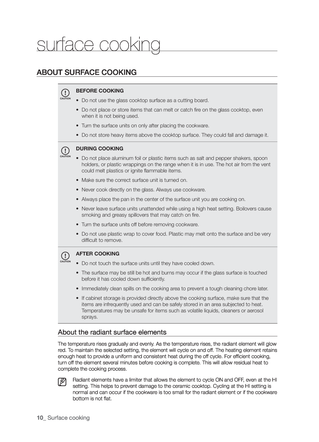 Samsung FTQ386LWX user manual About surface cooking, About the radiant surface elements, 10_ Surface cooking 