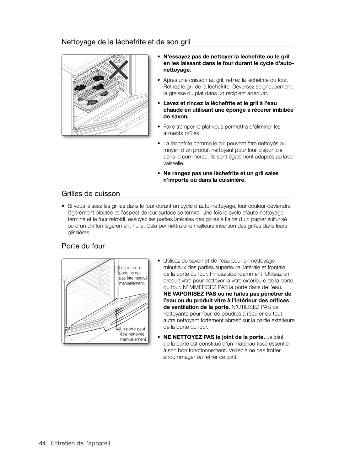Samsung FTQ386LWX user manual Nettoyage de la lèchefrite et de son gril, Grilles de cuisson, Porte du four 