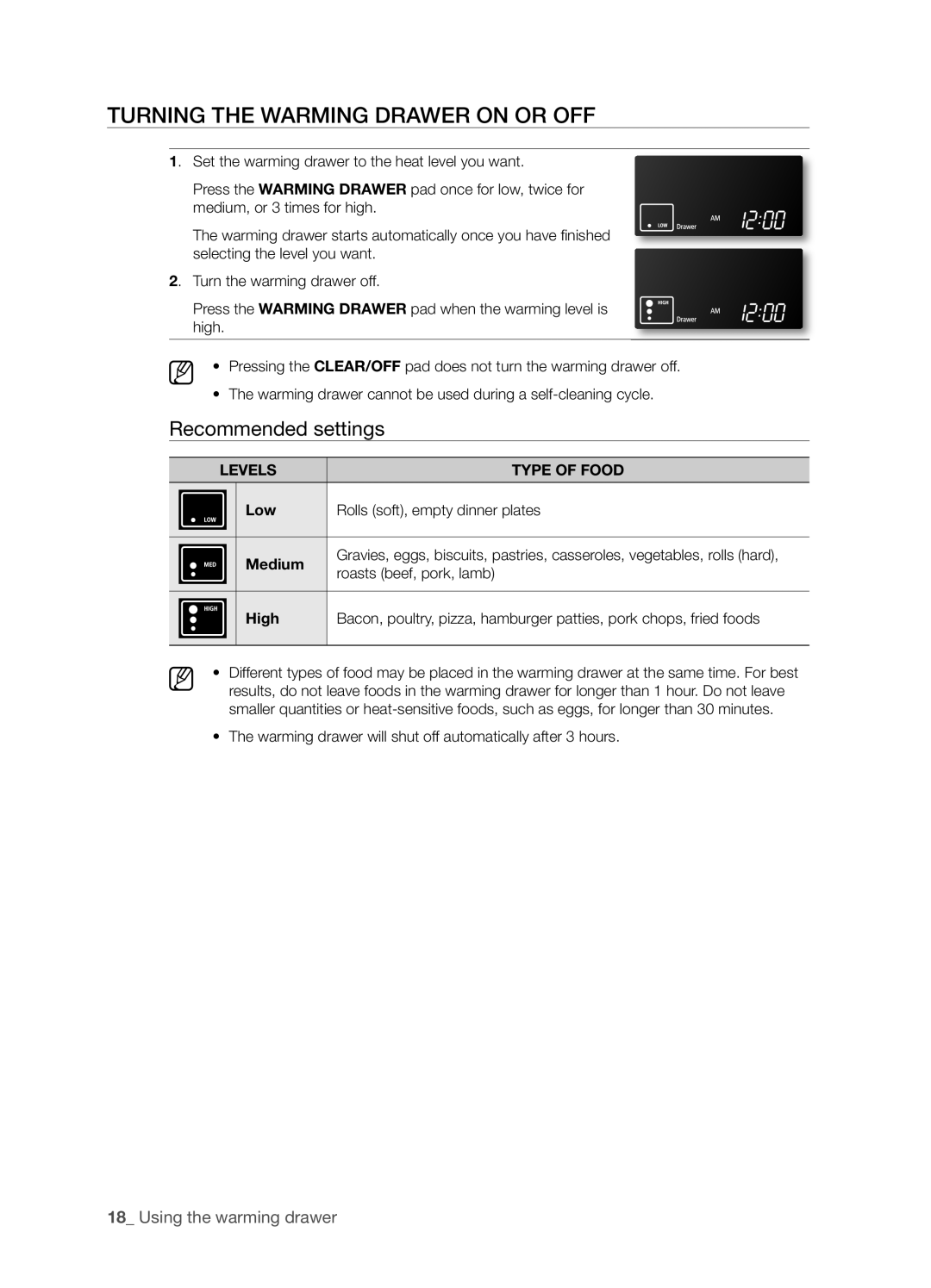 Samsung FTQ386LWX user manual Turning The Warming Drawer On Or Off, Recommended settings, 1_ Using the warming drawer 