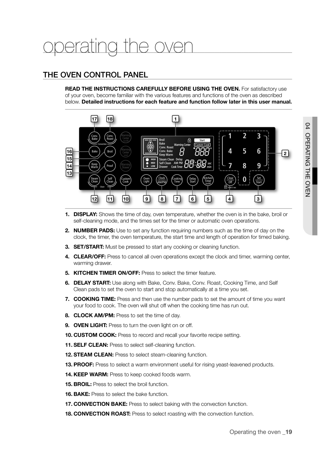 Samsung FTQ386LWX user manual operating the oven, The Oven Control Panel, Operating The Oven, Operating the oven _19 