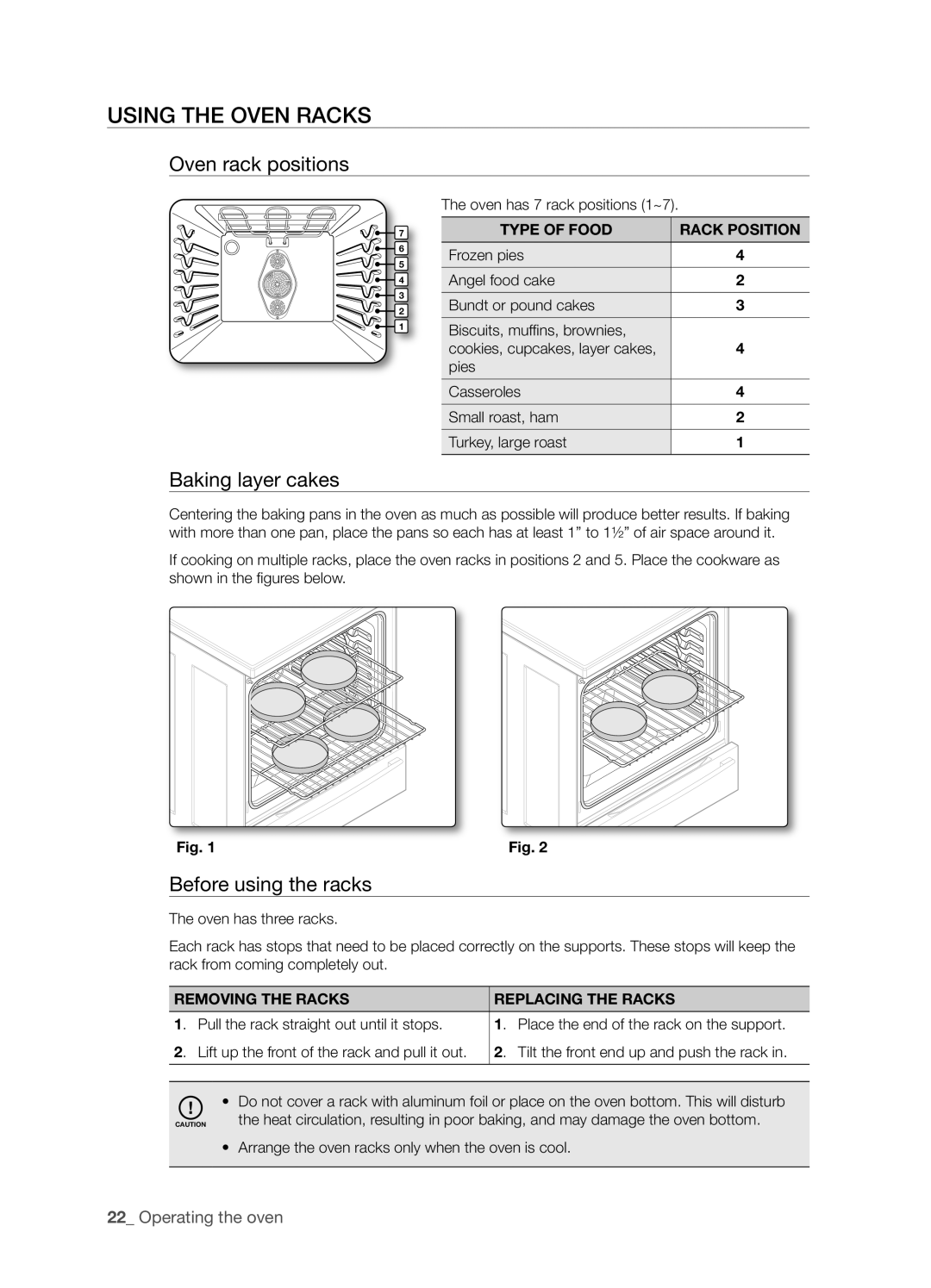 Samsung FTQ386LWX user manual Using The Oven Racks, Oven rack positions, Baking layer cakes, Before using the racks 