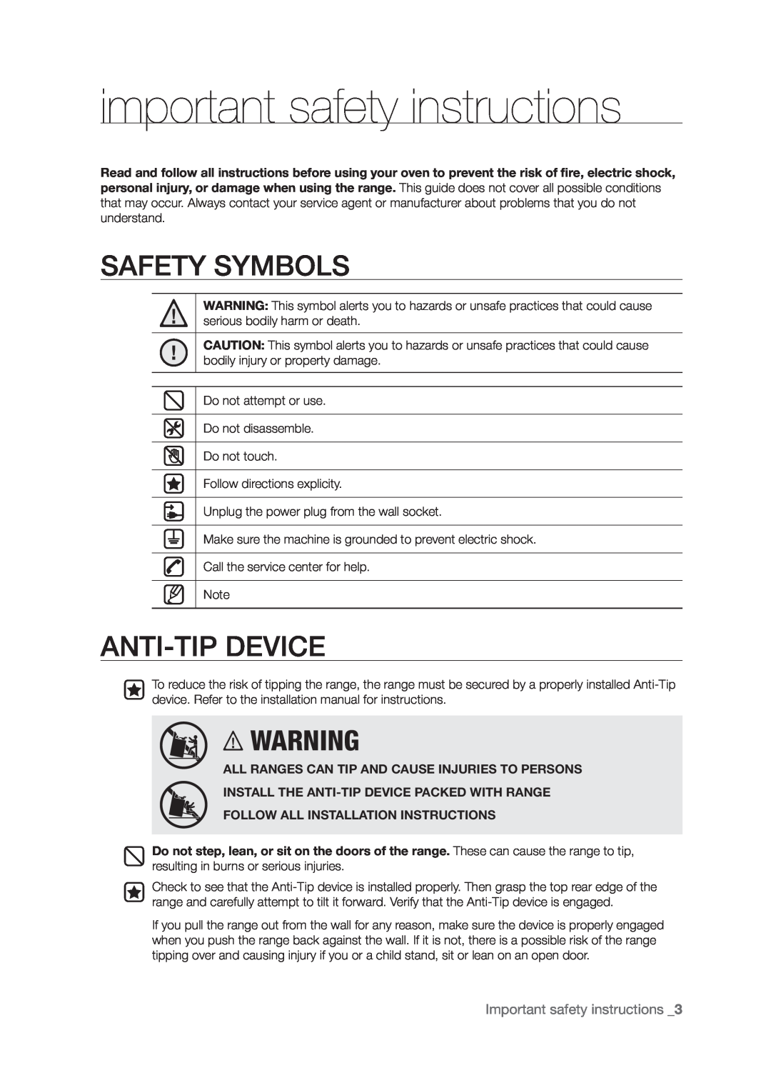 Samsung FTQ386LWX important safety instructions, Safety Symbols, Anti-Tipdevice, Important safety instructions _ 