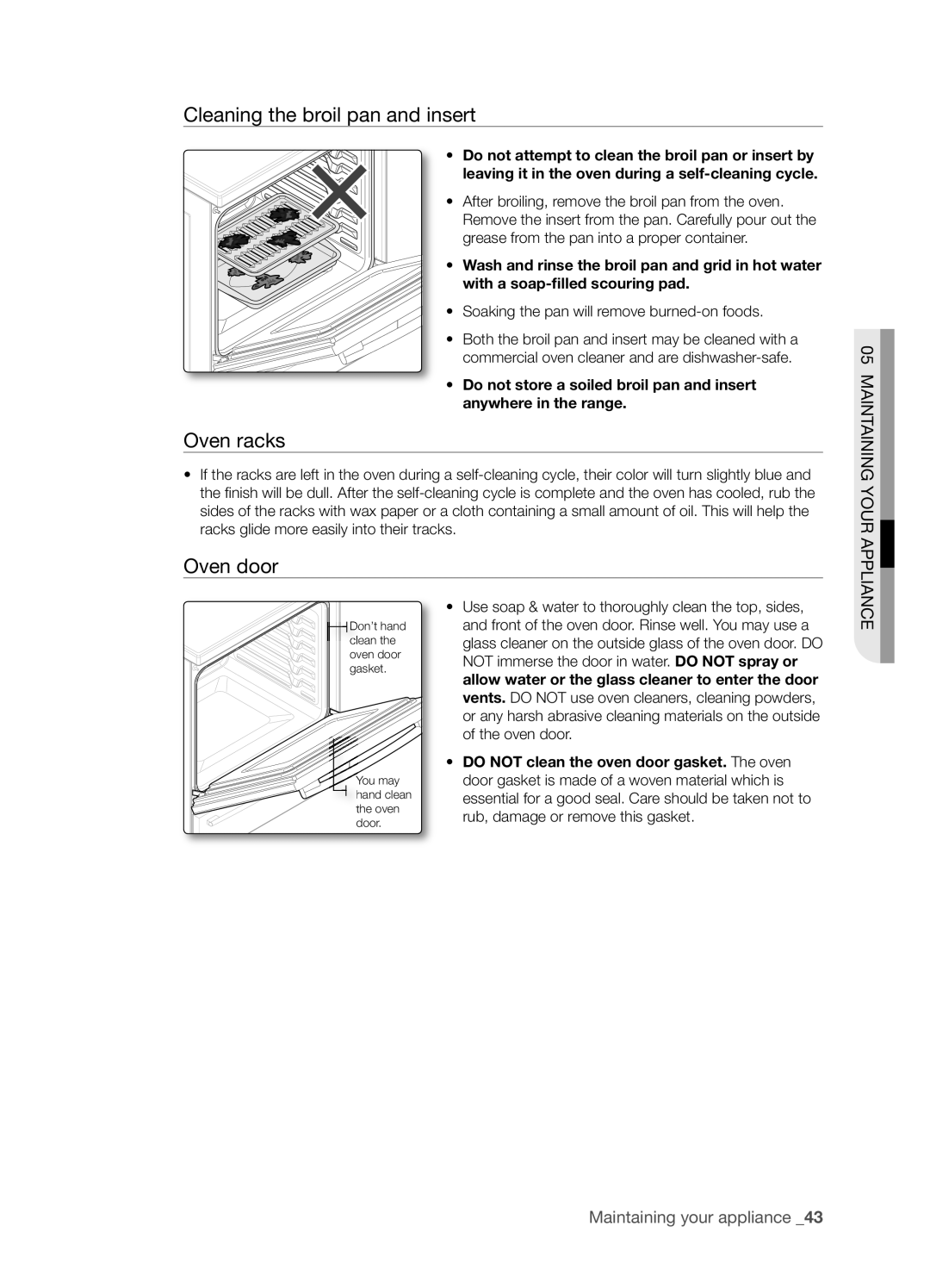 Samsung FTQ386LWX user manual Cleaning the broil pan and insert, Oven racks, Oven door, Maintaining your appliance _ 
